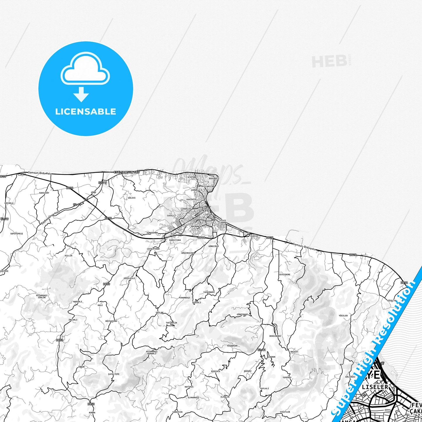 Ünye, Turkey light map with streetnames, citynames and districts