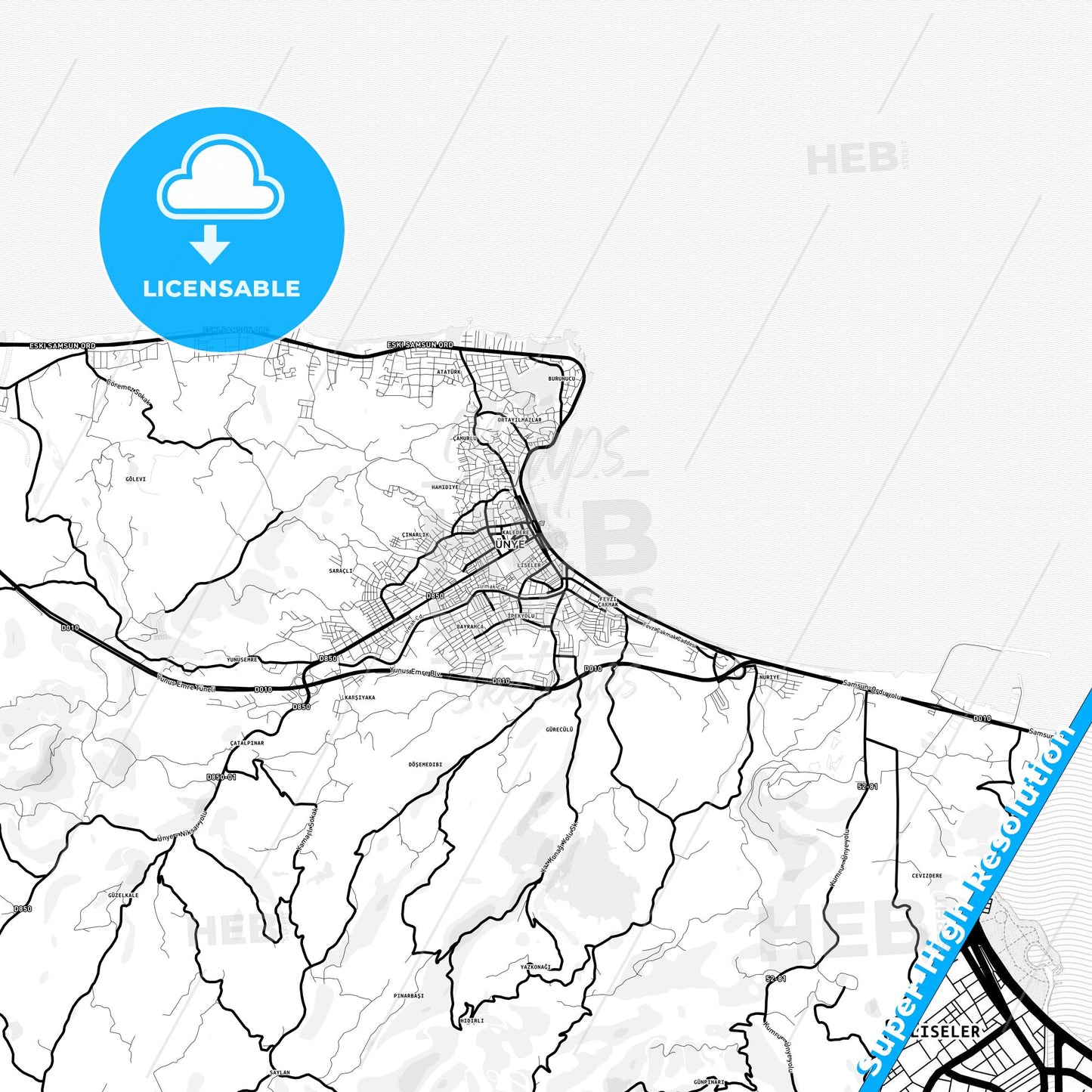 Ünye, Turkey Light Map with Street Names, City Names, and Districts