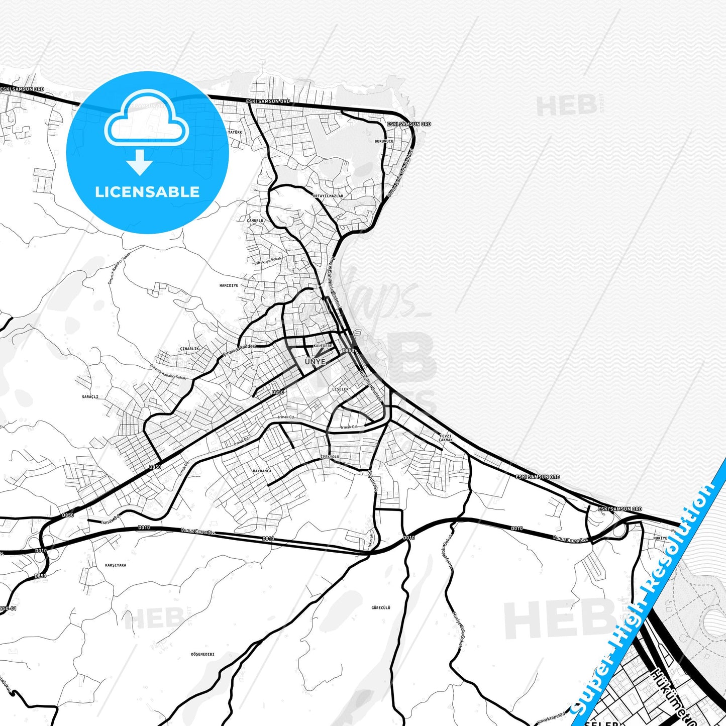 Ünye, Turkey Light Map with Street Names, City Names, and Districts