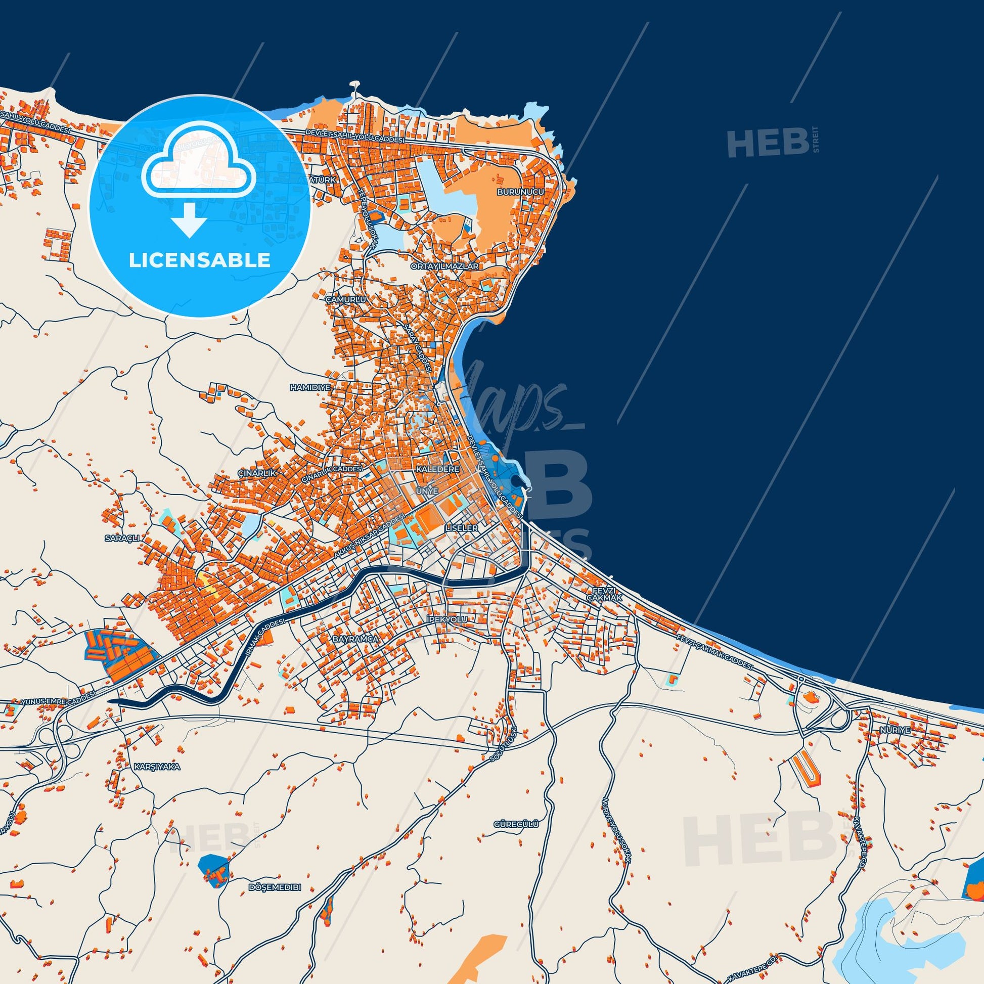 Colorful Ünye Street Map with Labels and Buildings