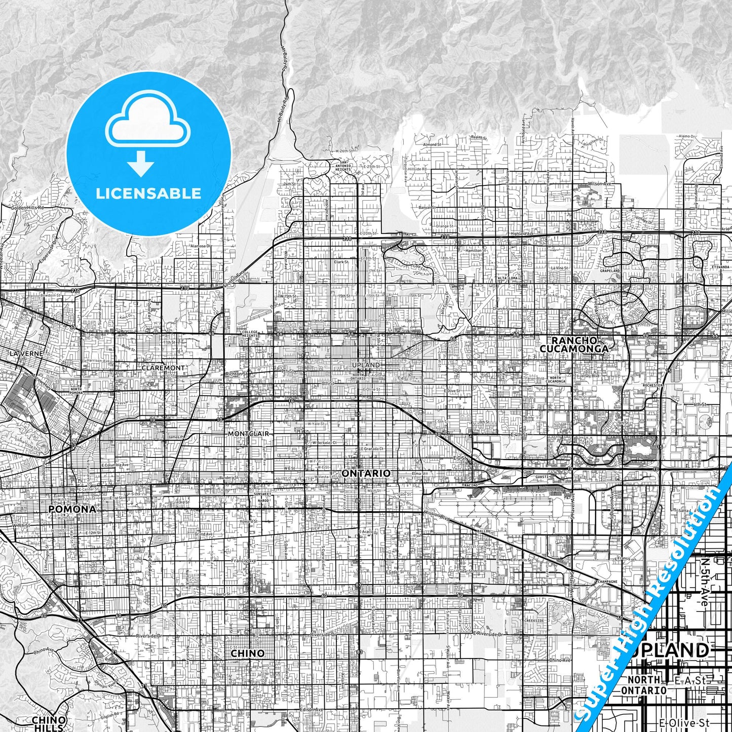 Upland, California light map with streetnames, citynames and districts