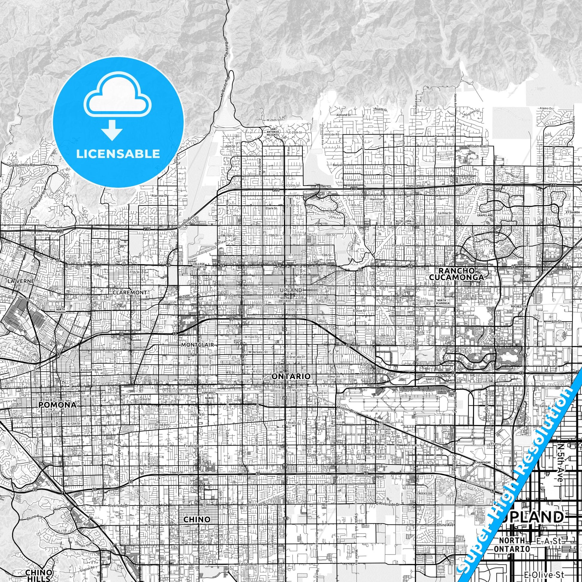 Upland, California light map with streetnames, citynames and districts