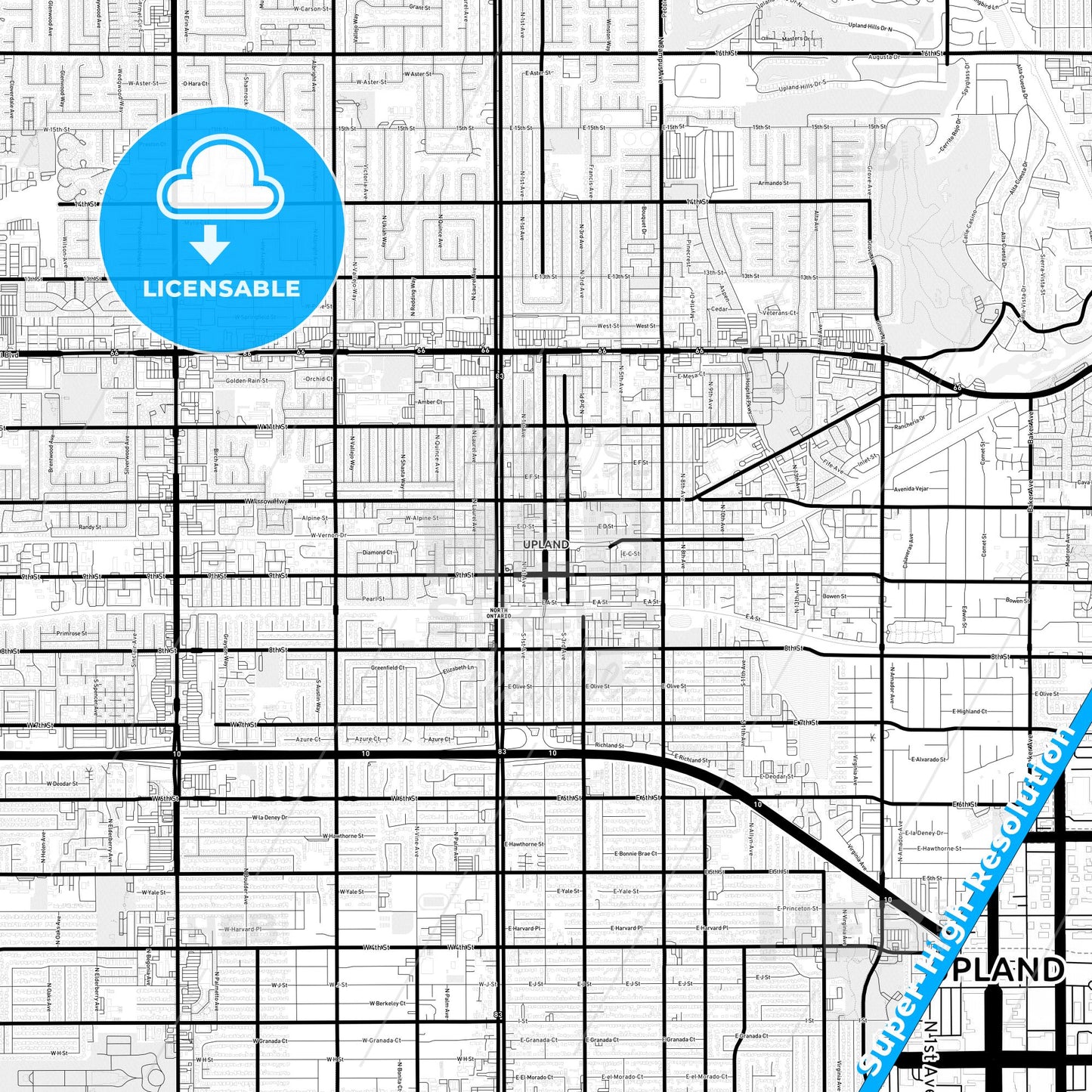 Upland, California Light Map with Street Names, City Names, and Districts