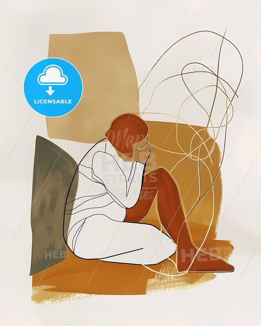 Line Art Papier Couché Art Poster: Muted Gouache Minimalistic Painting of Woman on Floor