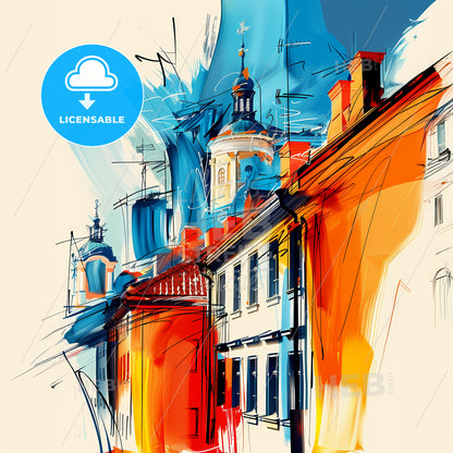 Vibrant Uppföller Väsby, Sweden - A Painting Of Buildings With A Spire