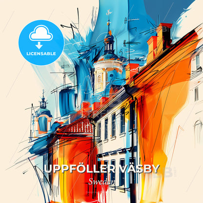 Vibrant Uppföller Väsby, Sweden - A Painting Of Buildings With A Spire - Square format print template