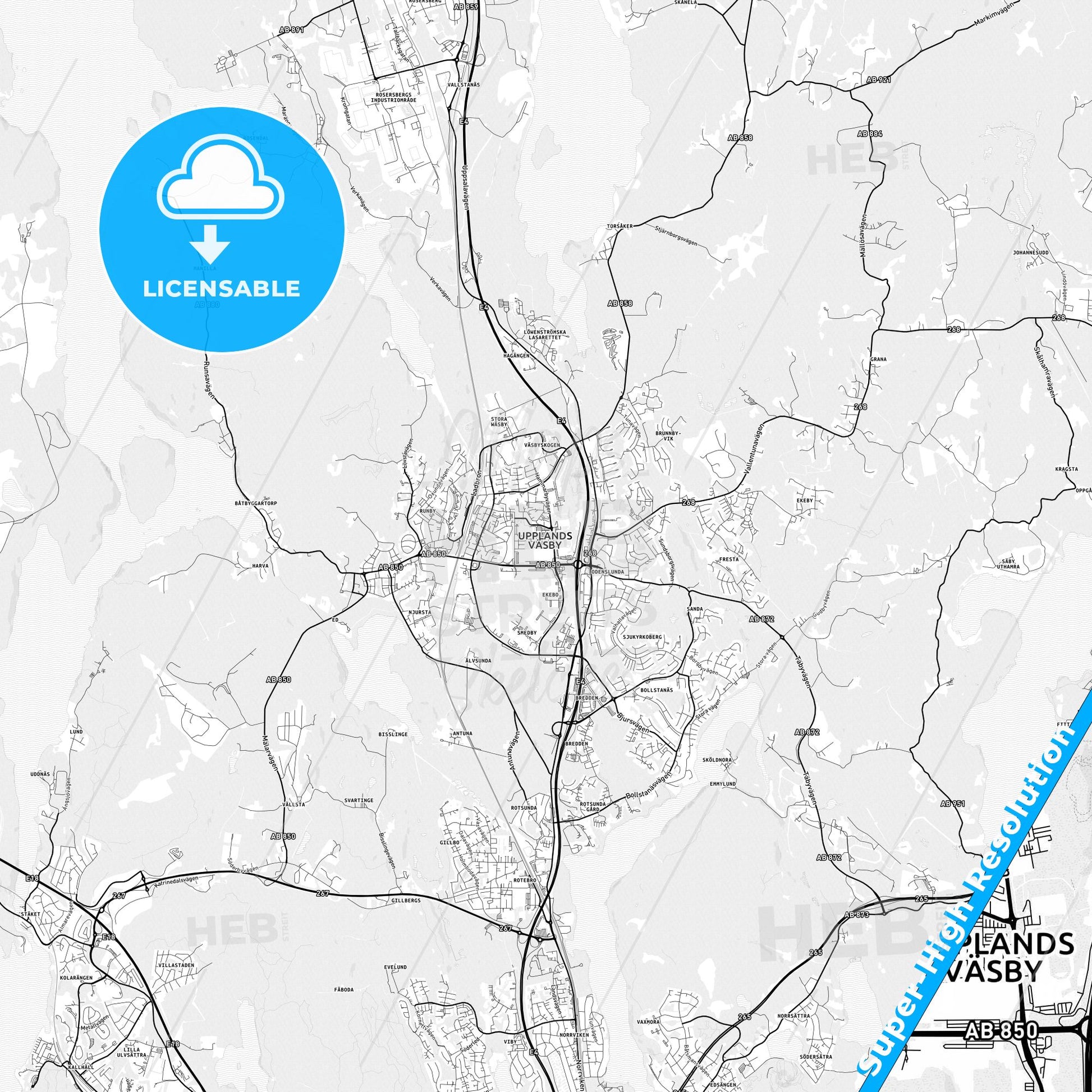 Upplands Väsby, Sweden light map with streetnames, citynames and districts