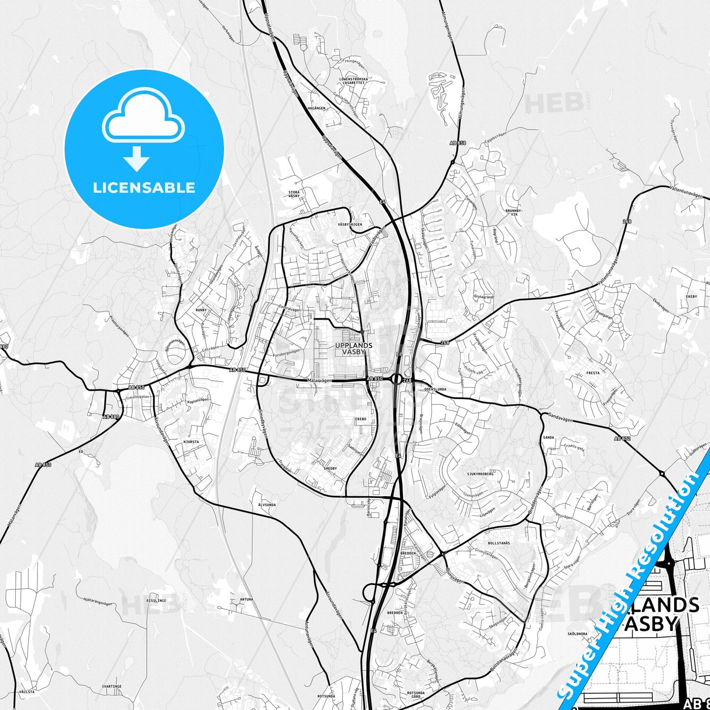 Upplands Väsby, Sweden Light Map with Street Names, City Names, and Districts