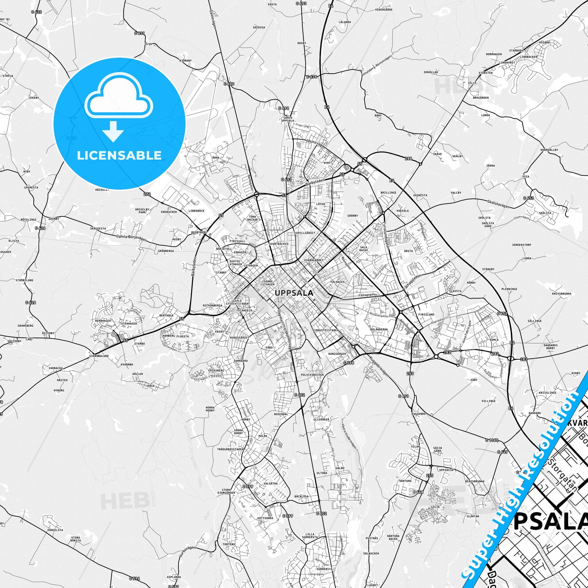 Uppsala, Sweden light map with streetnames, citynames and districts