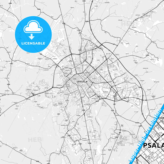 Uppsala, Sweden light map with streetnames, citynames and districts