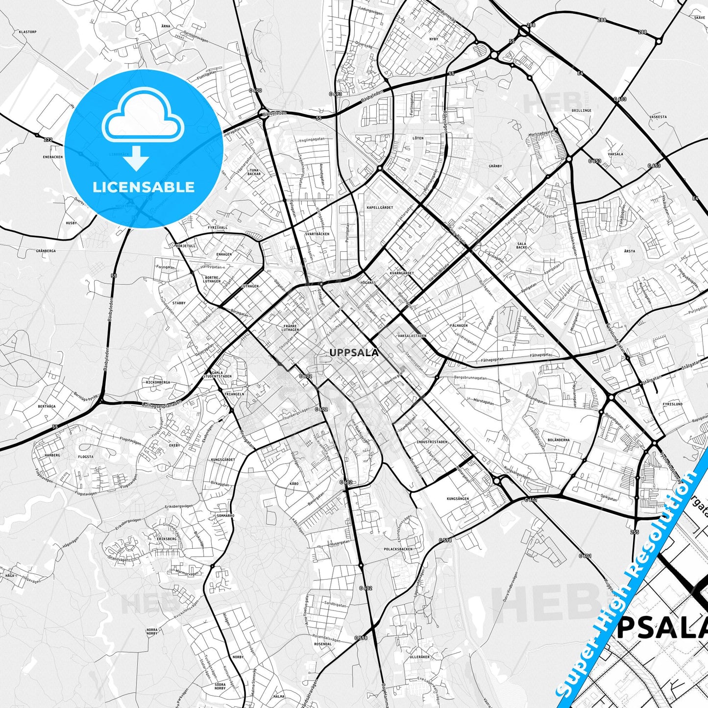 Uppsala, Sweden Light Map with Street Names, City Names, and Districts
