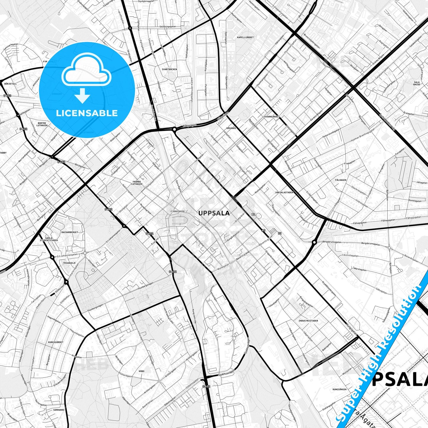 Uppsala, Sweden Light Map with Street Names, City Names, and Districts