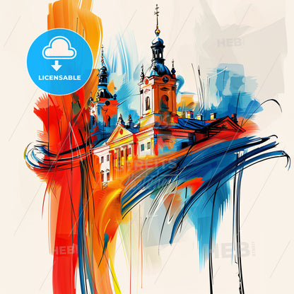 Vibrant Uppsala, Sweden - A Painting Of A Building With A Tower And A Spire