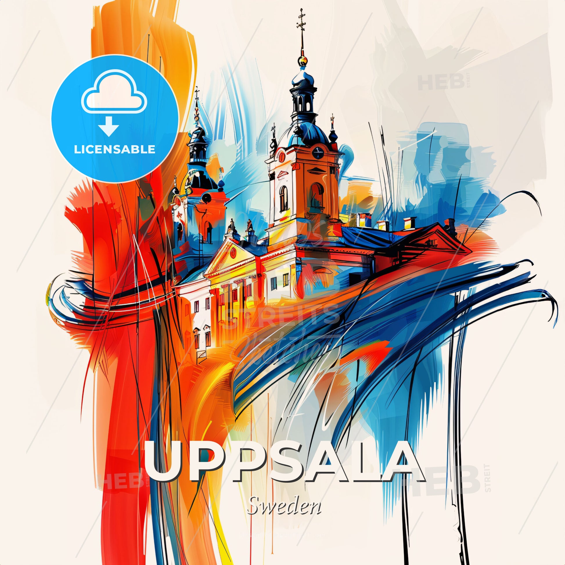Vibrant Uppsala, Sweden - A Painting Of A Building With A Tower And A Spire - Square format print template