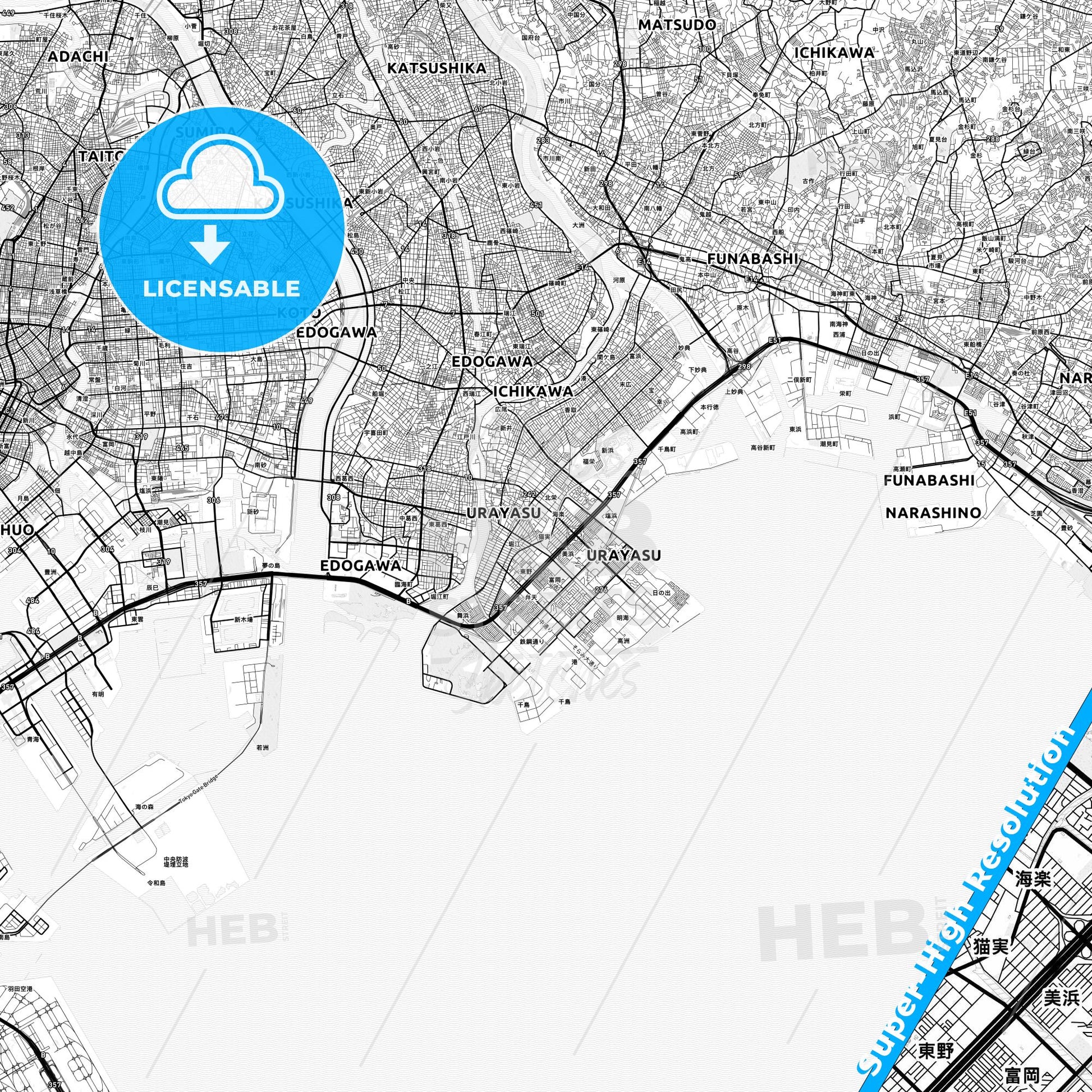Urayasu, Japan light map with streetnames, citynames and districts