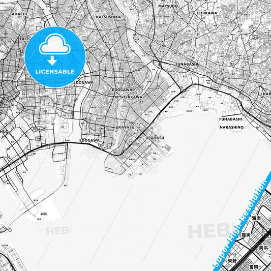 Urayasu, Japan light map with streetnames, citynames and districts