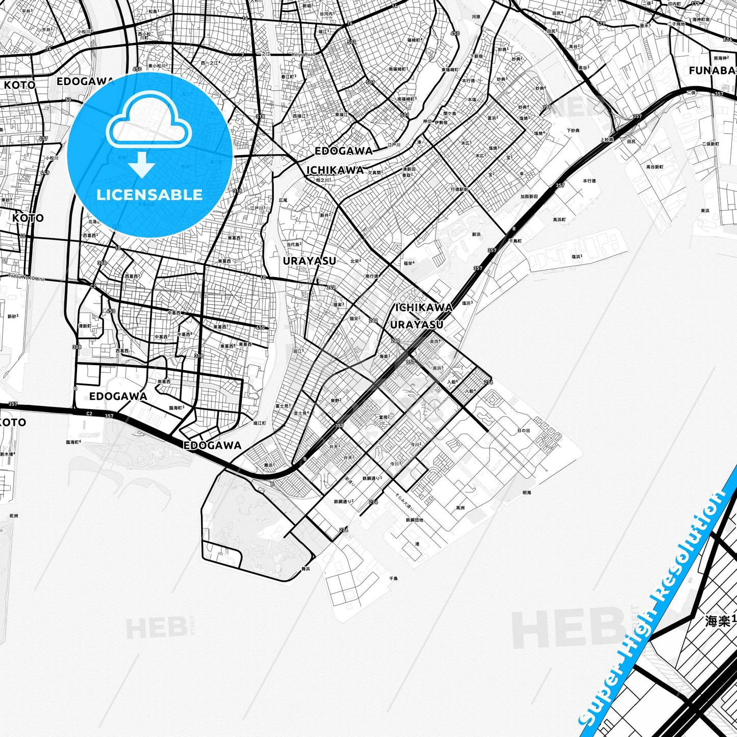 Urayasu, Japan Light Map with Street Names, City Names, and Districts