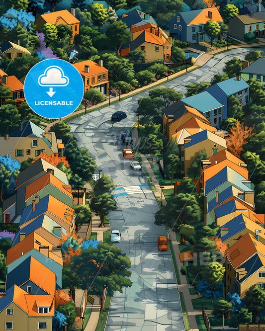 Aerial View Painting of Colorful Neighborhood City Map