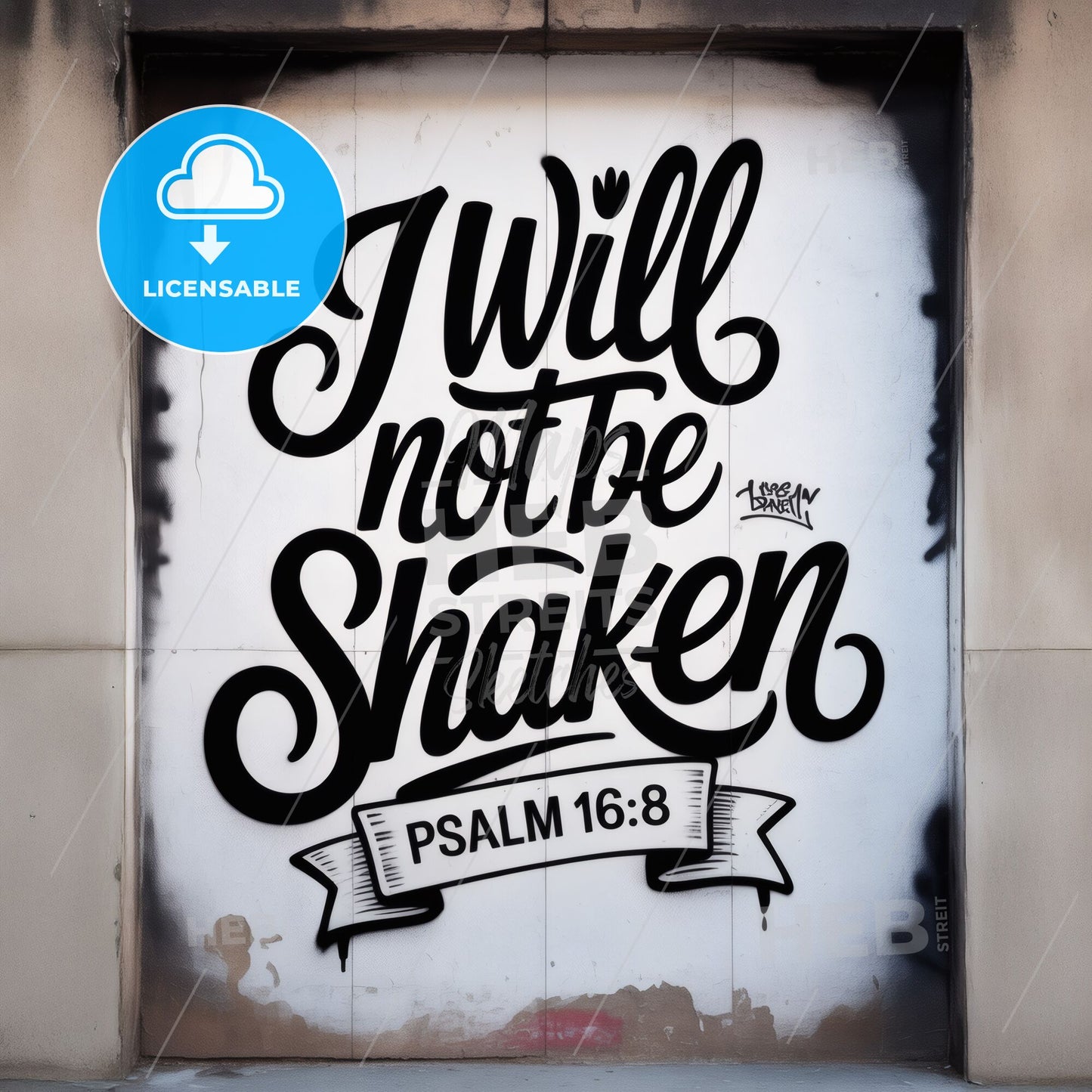 Urban Graffiti Art Featuring Inspirational Quote 'I Will Not Be Shaken' with Psalm 16:8.