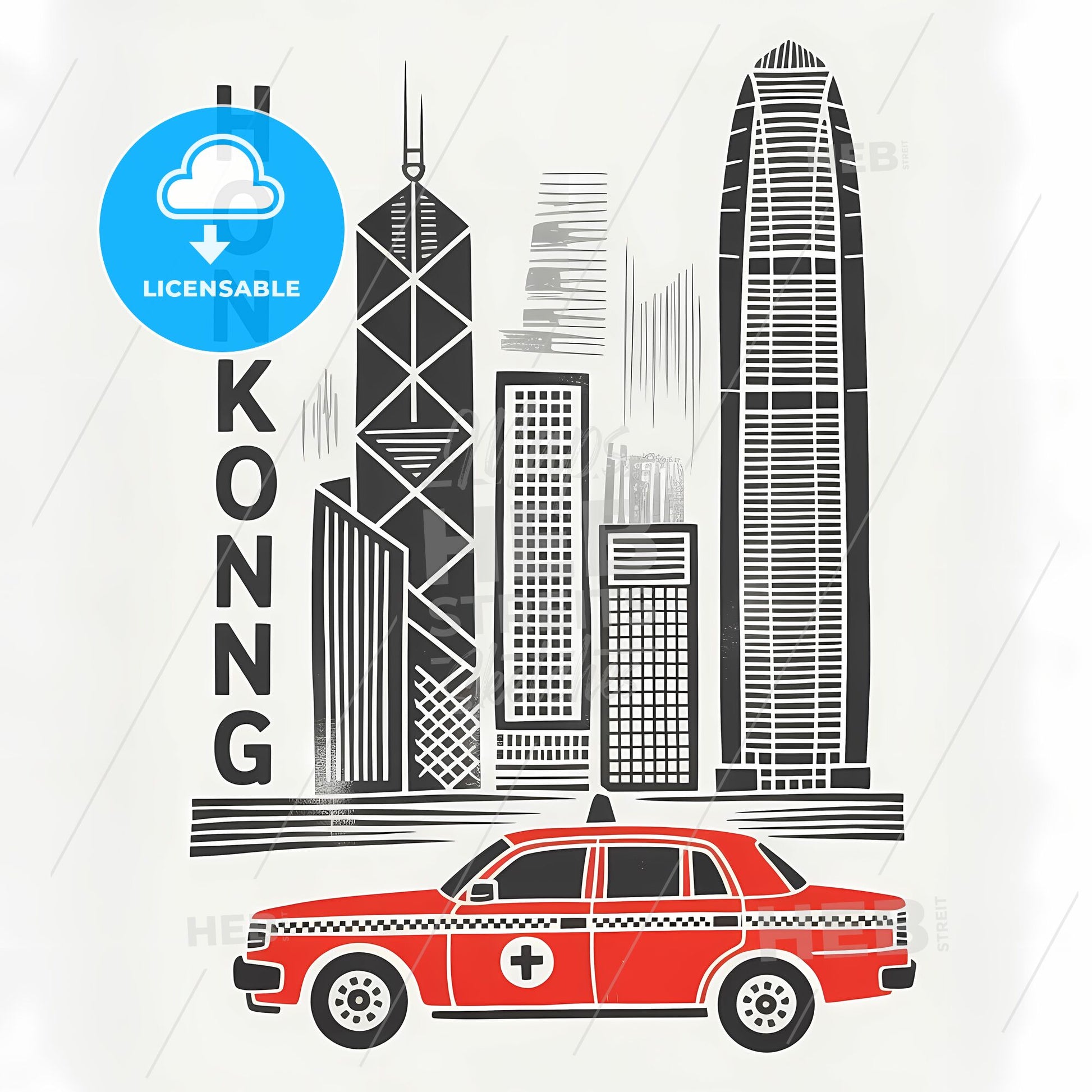 Urban Symphony: Hong Kong Skyline with Iconic Red Taxi in Linocut Style