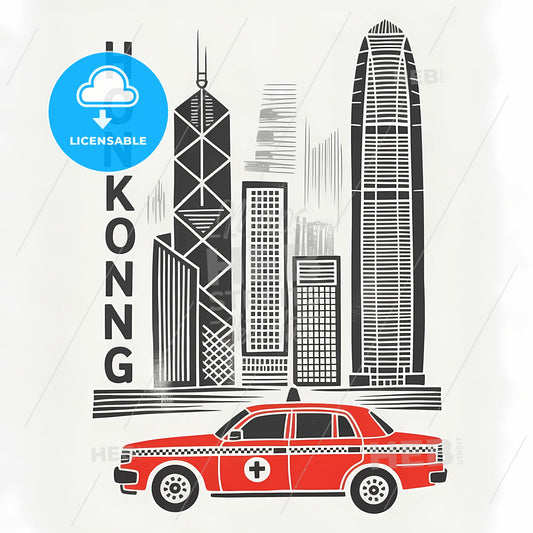 Urban Symphony: Hong Kong Skyline with Iconic Red Taxi in Linocut Style