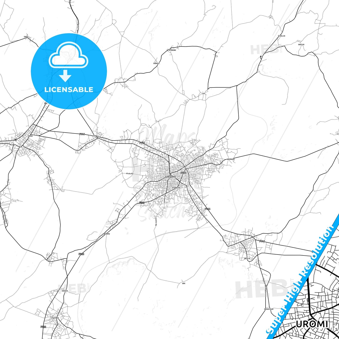 Uromi, Nigeria light map with streetnames, citynames and districts