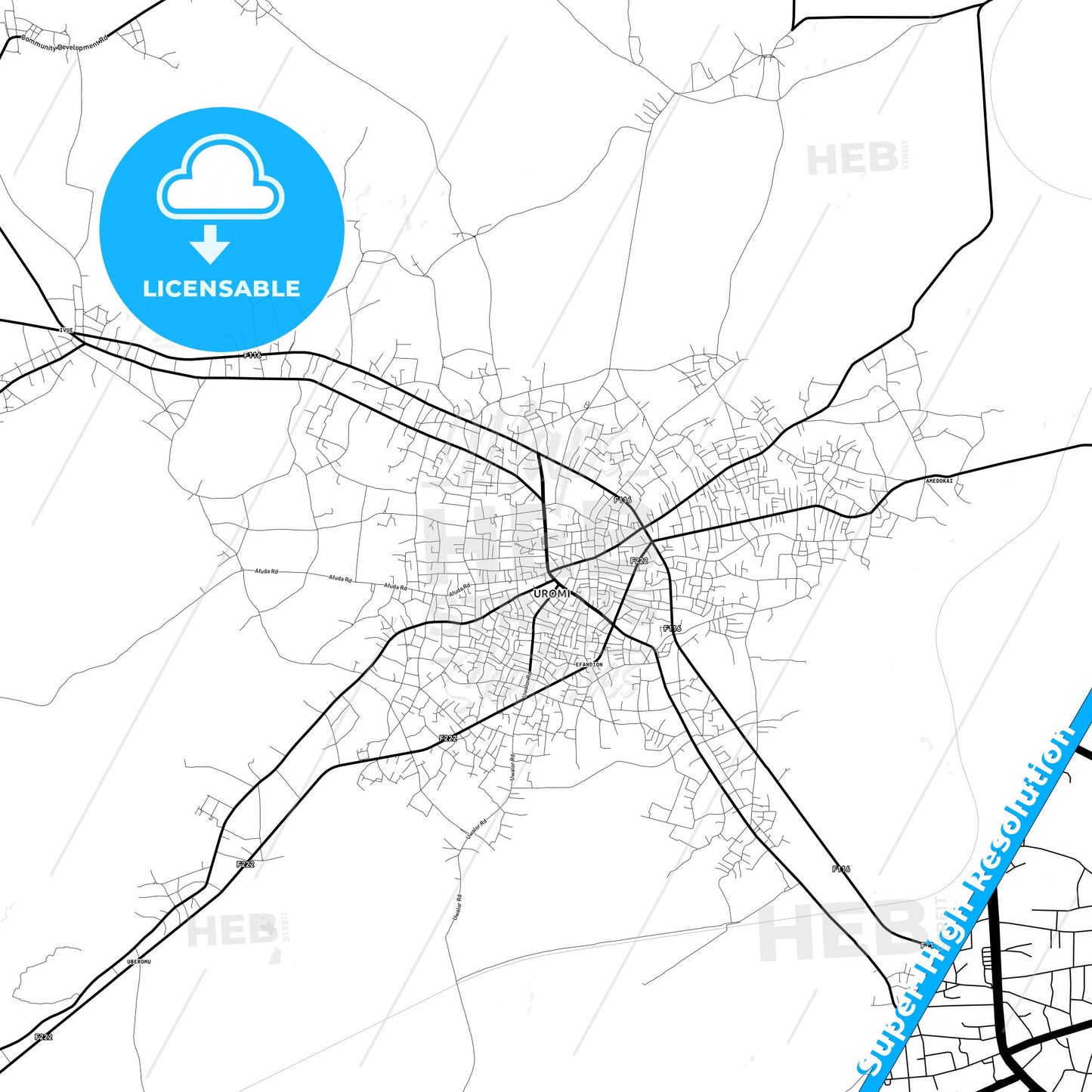 Uromi, Nigeria Light Map with Street Names, City Names, and Districts