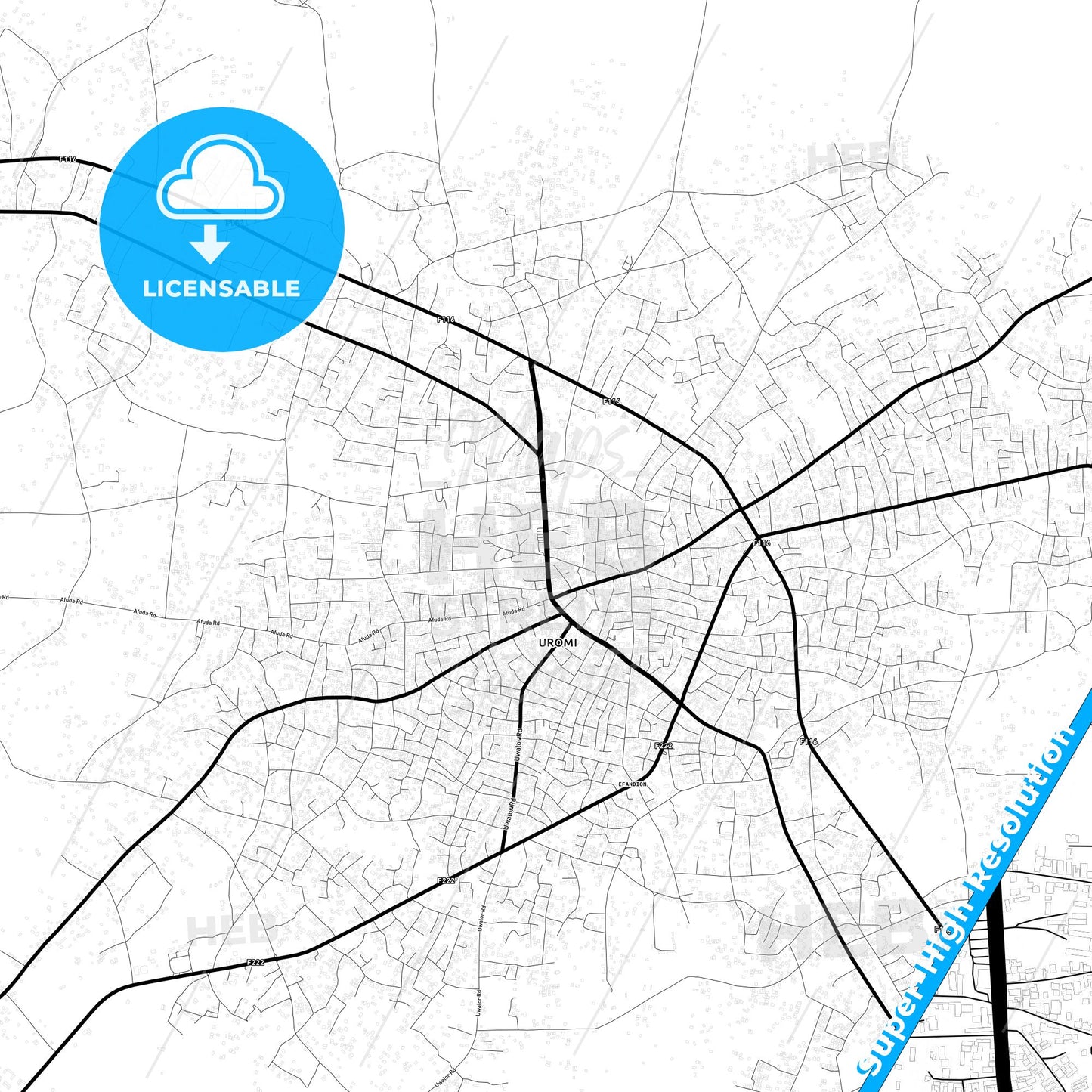 Uromi, Nigeria Light Map with Street Names, City Names, and Districts