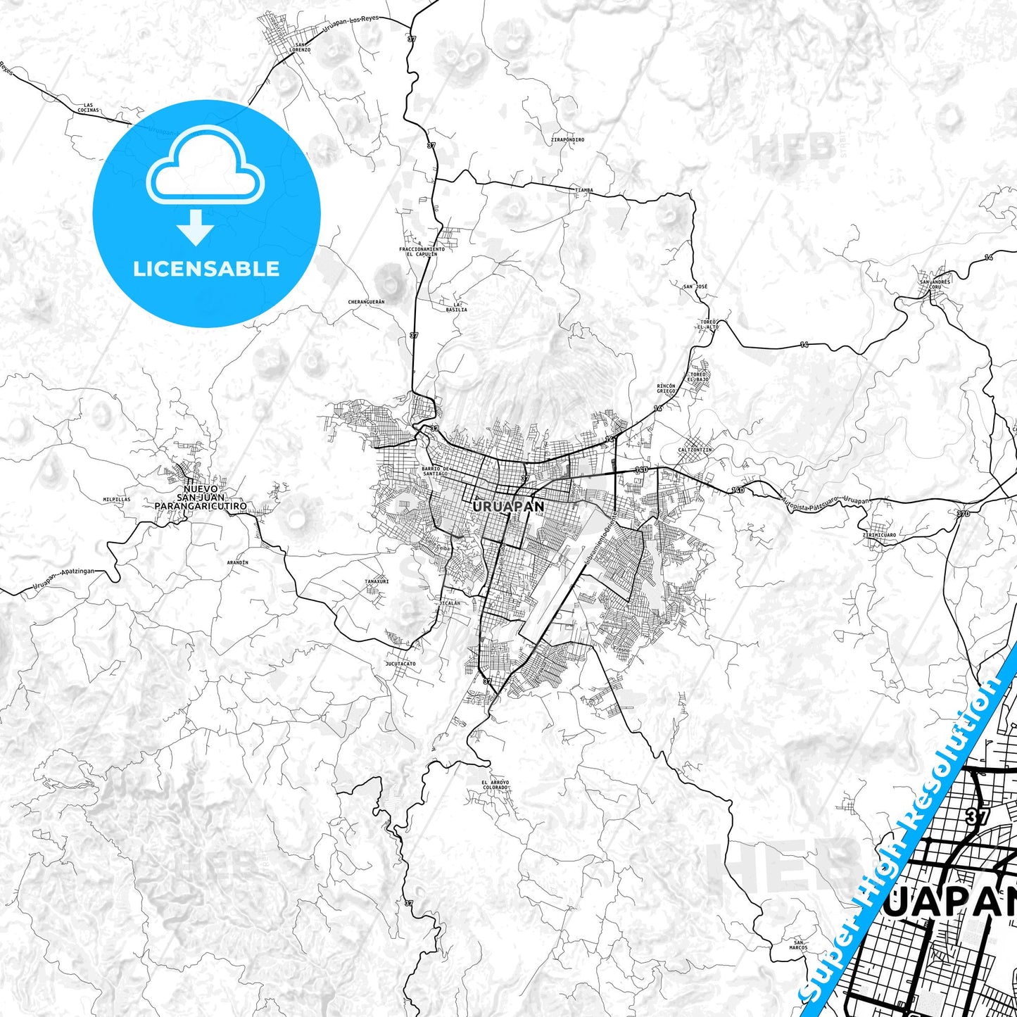 Uruapan, Mexico light map with streetnames, citynames and districts