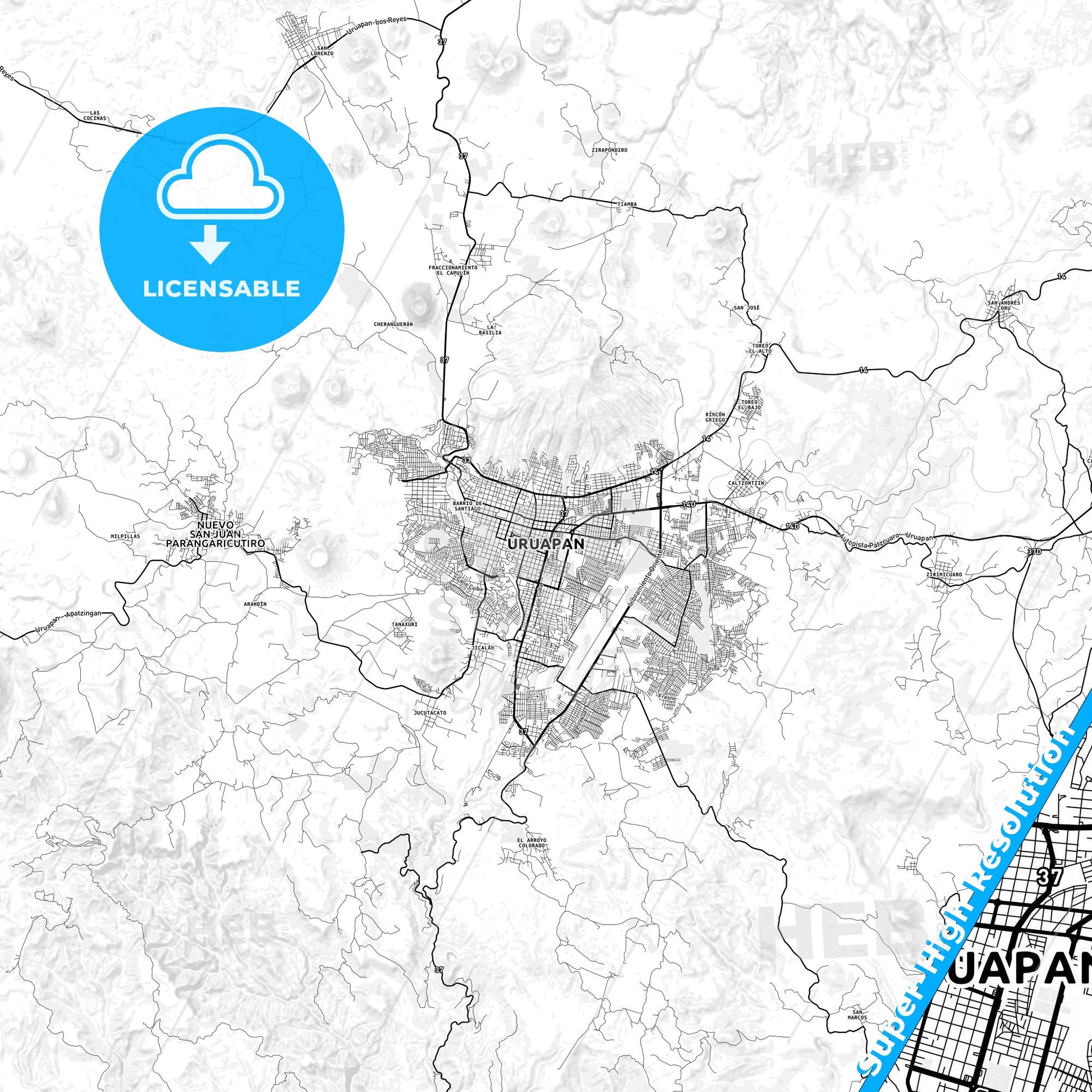 Uruapan, Mexico light map with streetnames, citynames and districts