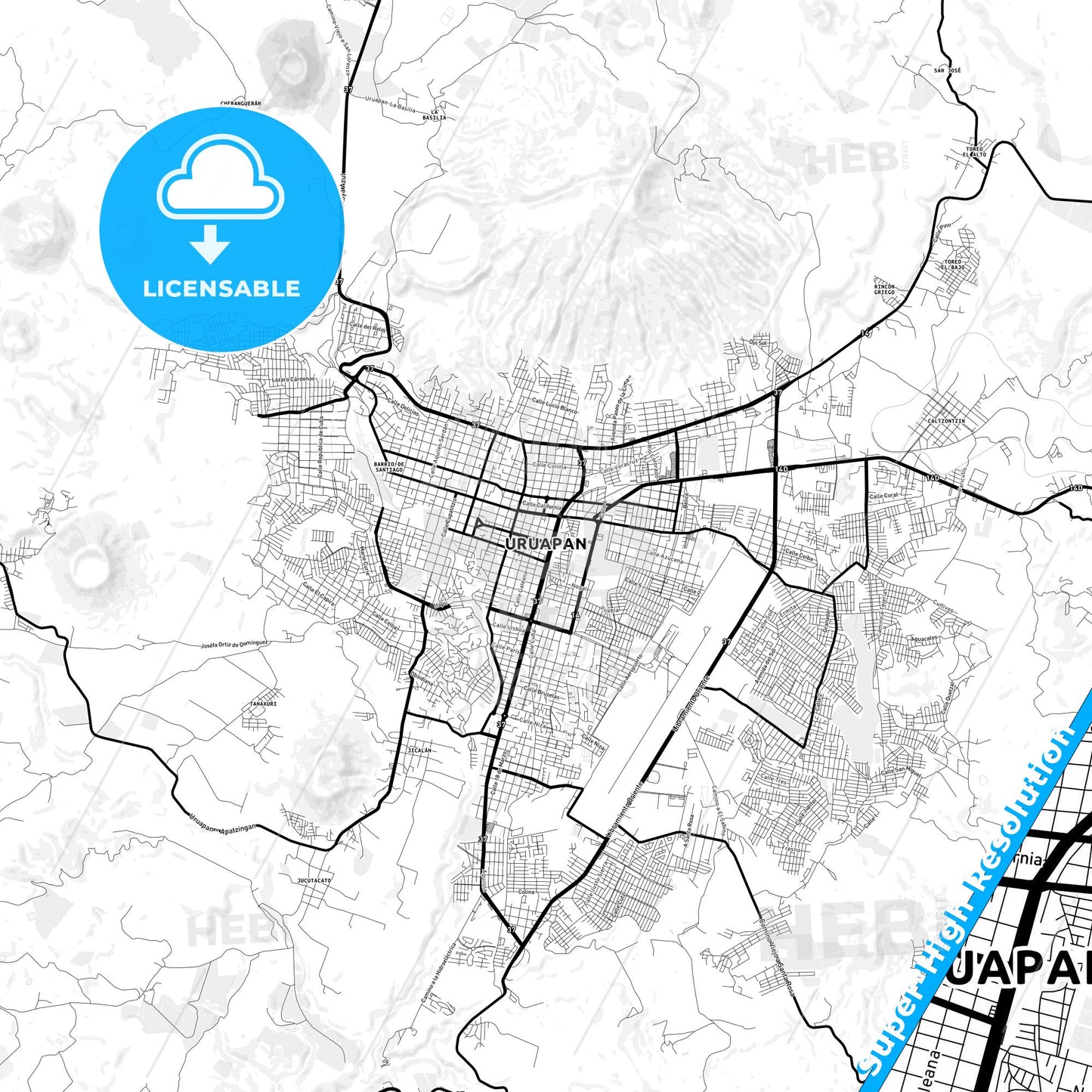 Uruapan, Mexico Light Map with Street Names, City Names, and Districts