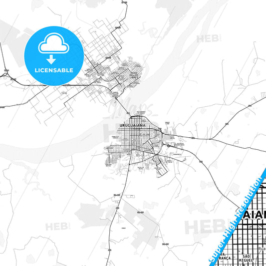 Uruguaiana, Brazil light map with streetnames, citynames and districts