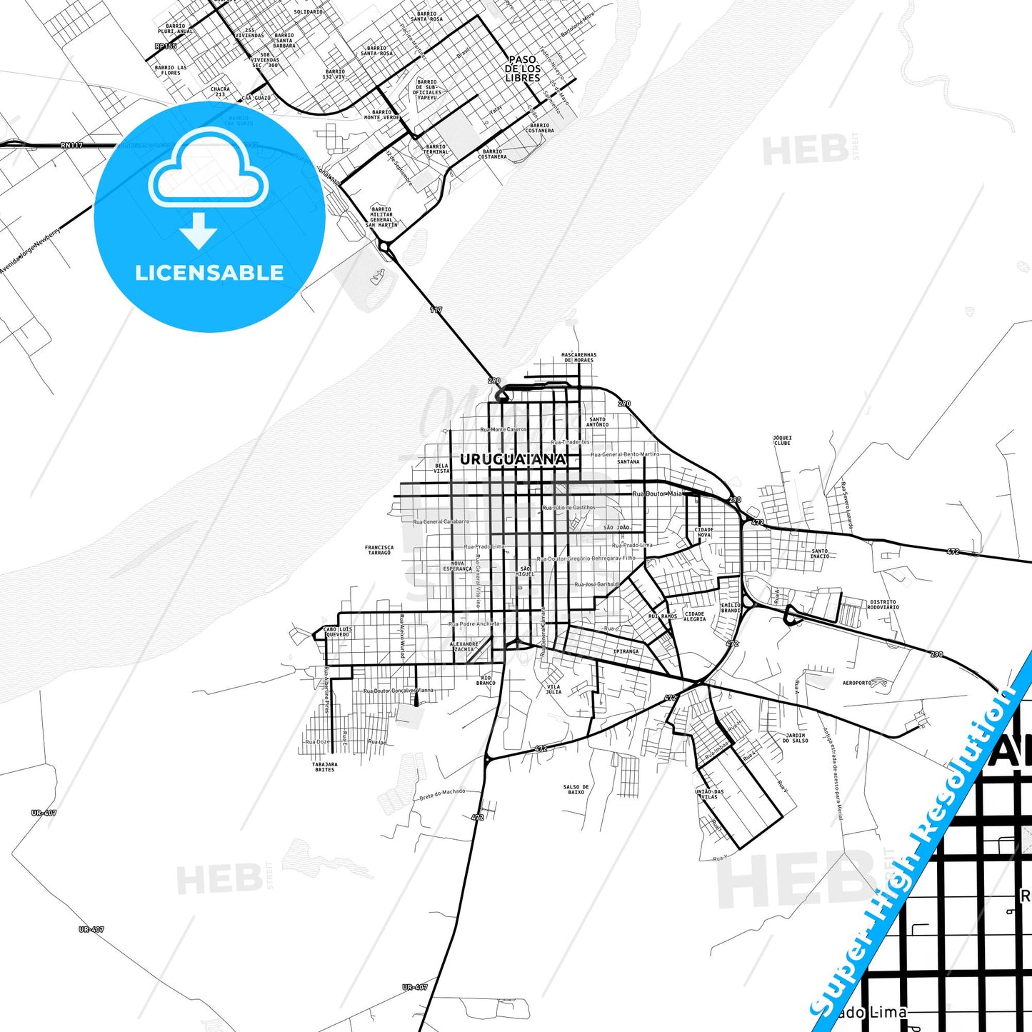 Uruguaiana, Brazil Light Map with Street Names, City Names, and Districts