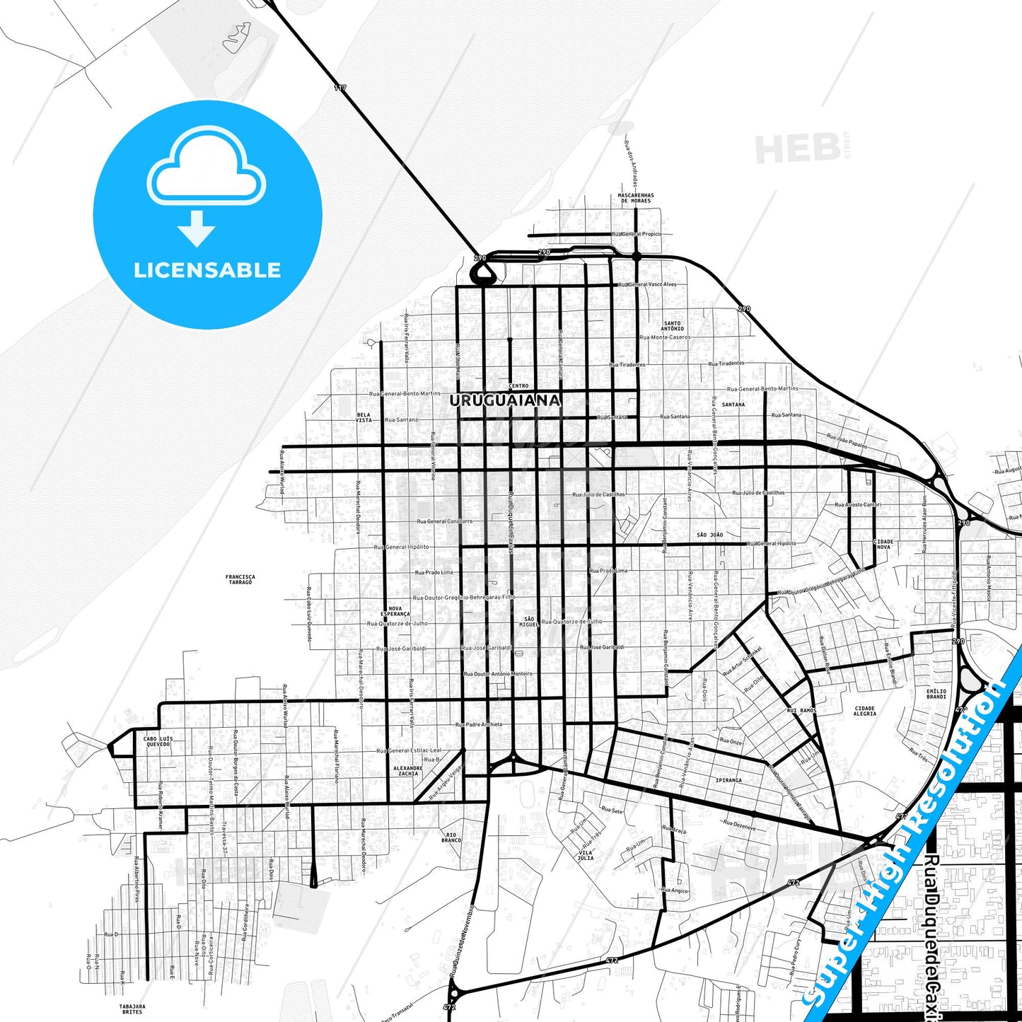 Uruguaiana, Brazil Light Map with Street Names, City Names, and Districts
