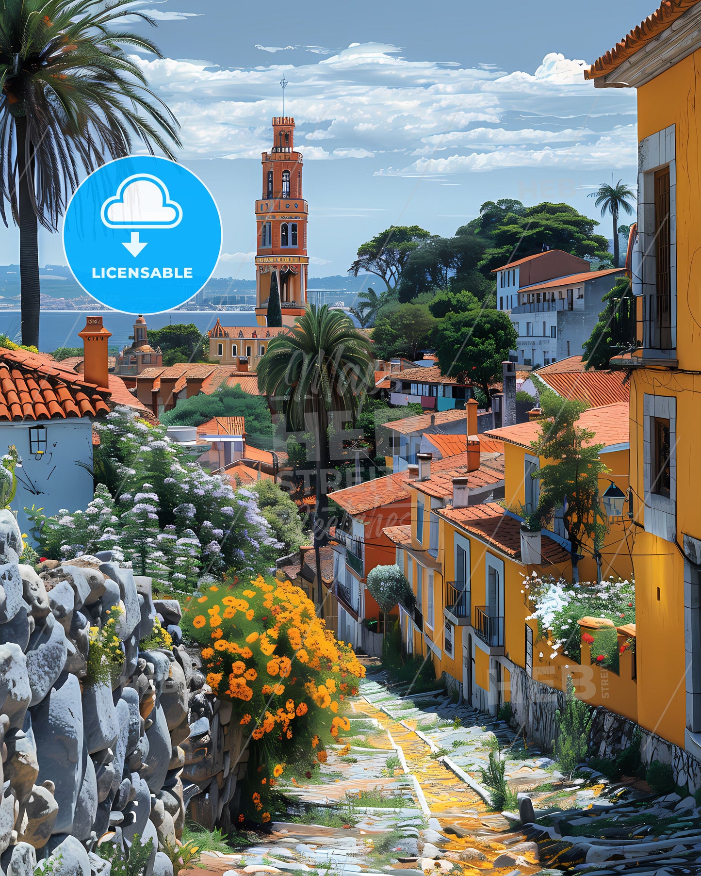 Vibrant Street Scene in Uruguay: Colorful Buildings and Lush Trees