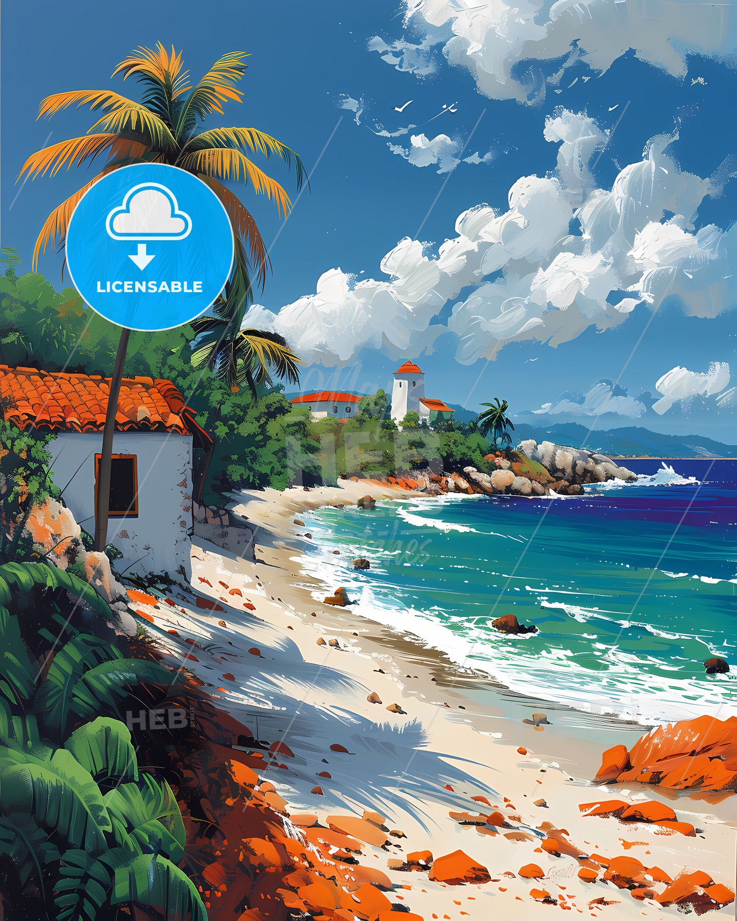 Artistic Beach in Uruguay, South America: Vibrant Painting with Palm Trees and Buildings