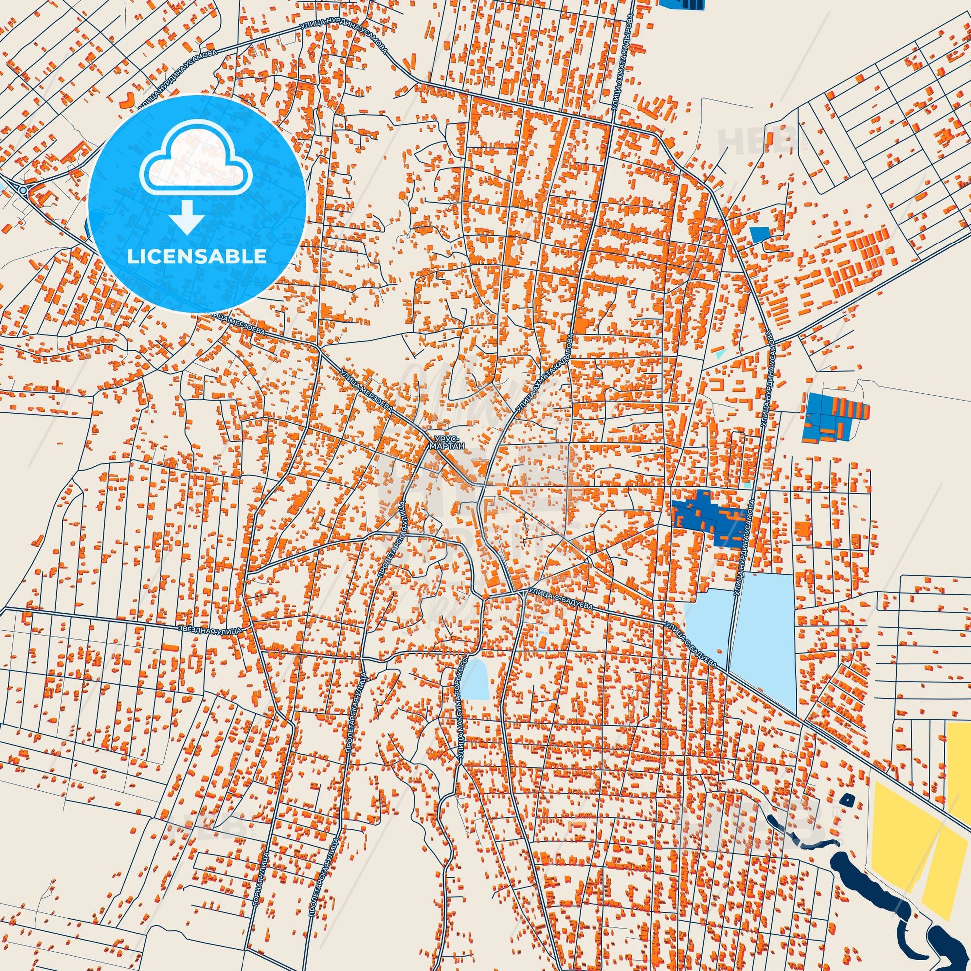 Colorful Urus-Martan Street Map with Labels and Buildings