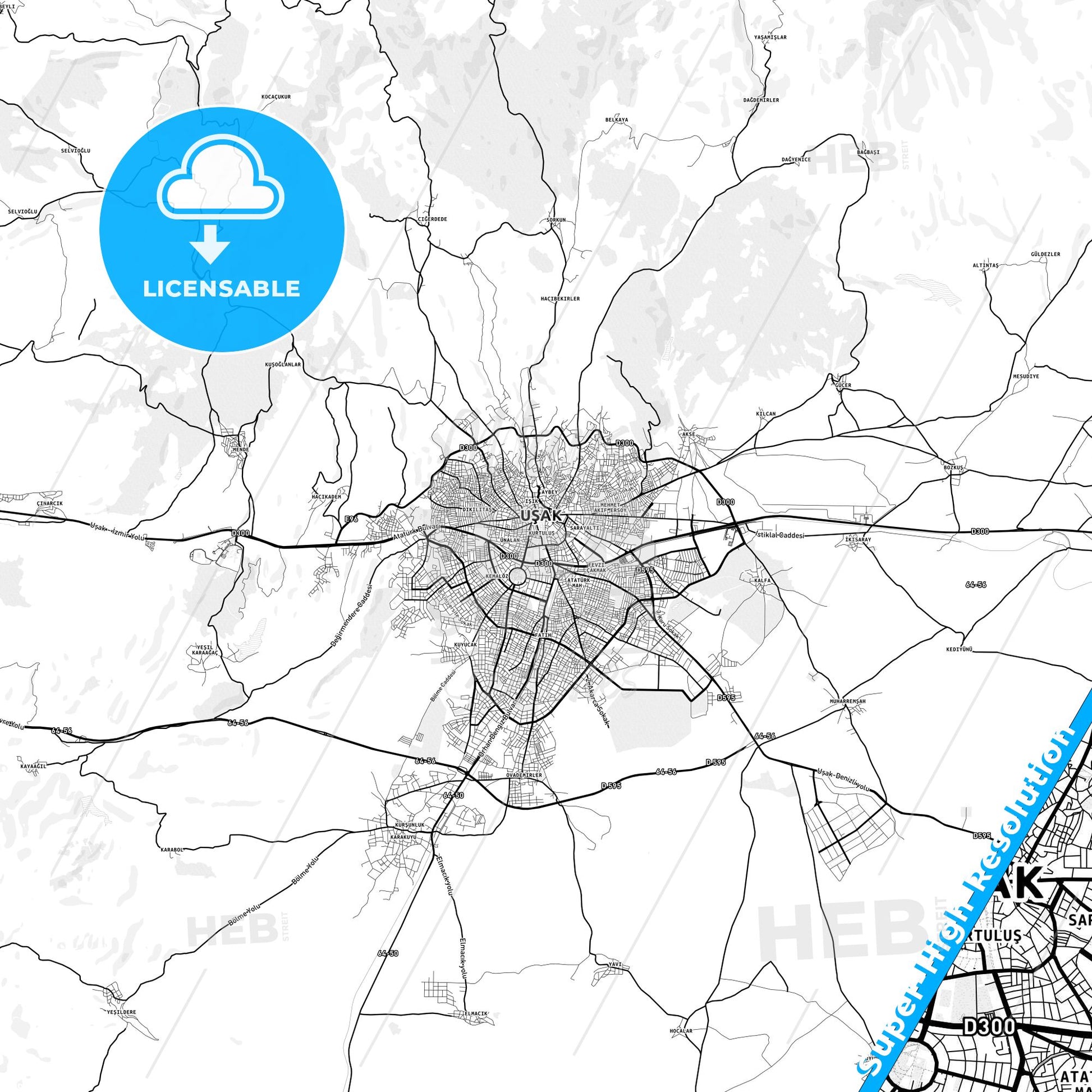 Uşak, Turkey light map with streetnames, citynames and districts