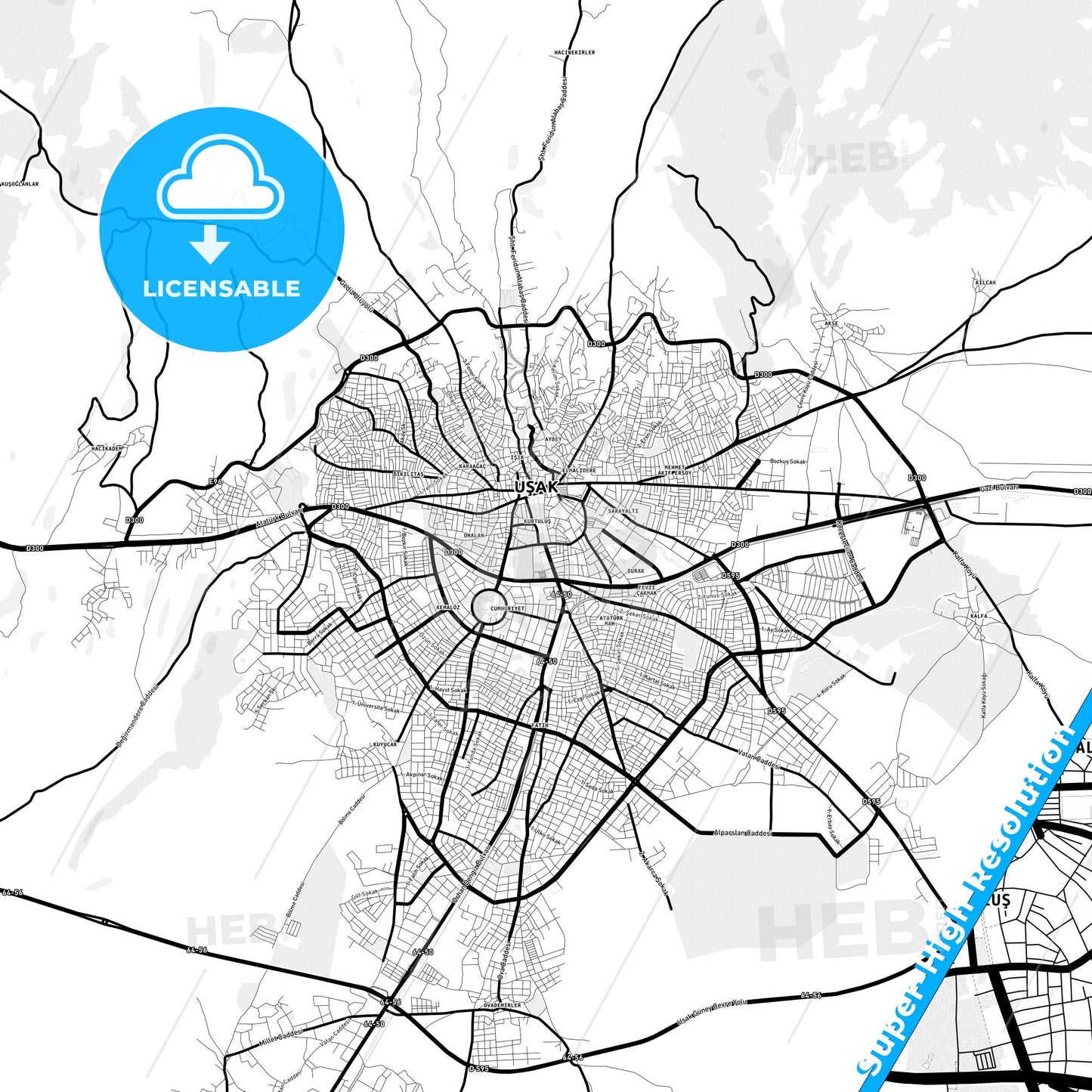 Uşak, Turkey Light Map with Street Names, City Names, and Districts