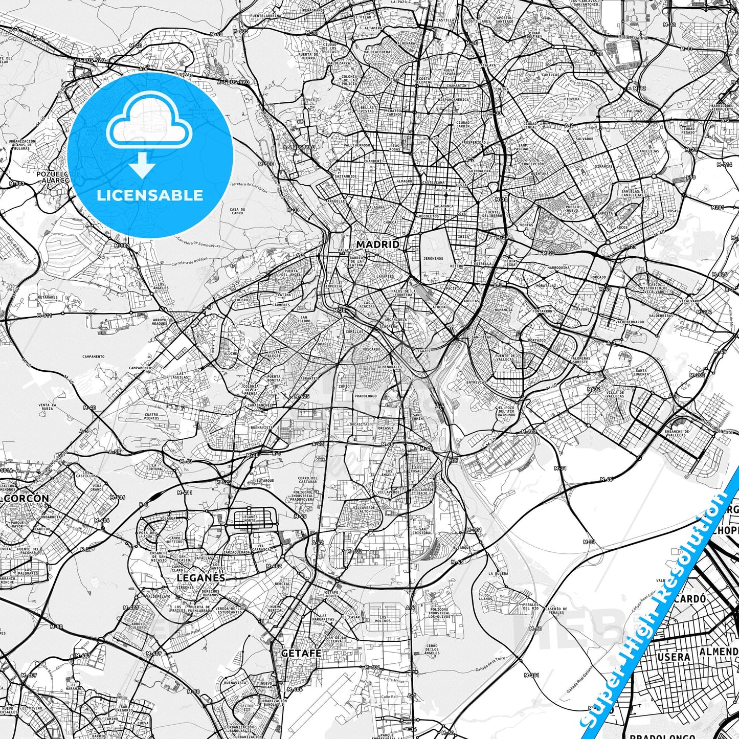 Usera, Spain light map with streetnames, citynames and districts