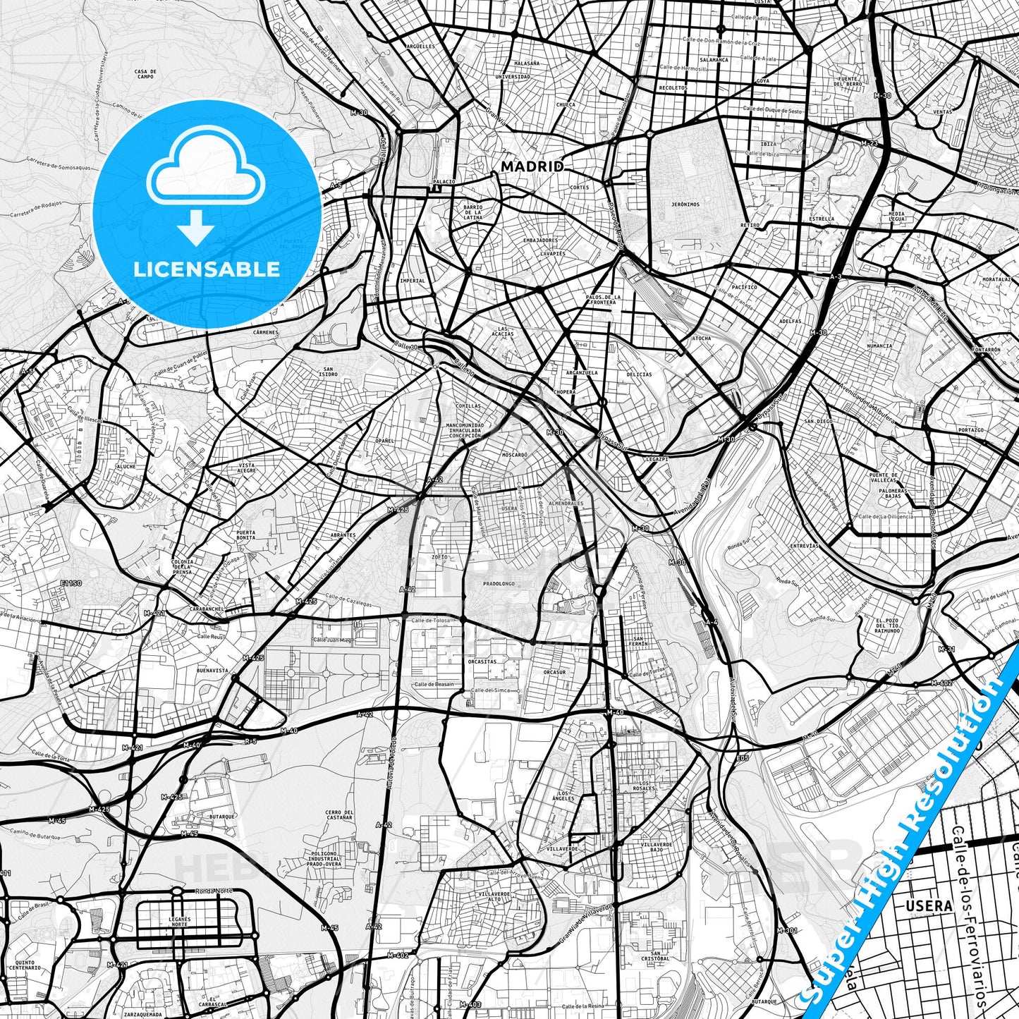 Usera, Spain Light Map with Street Names, City Names, and Districts