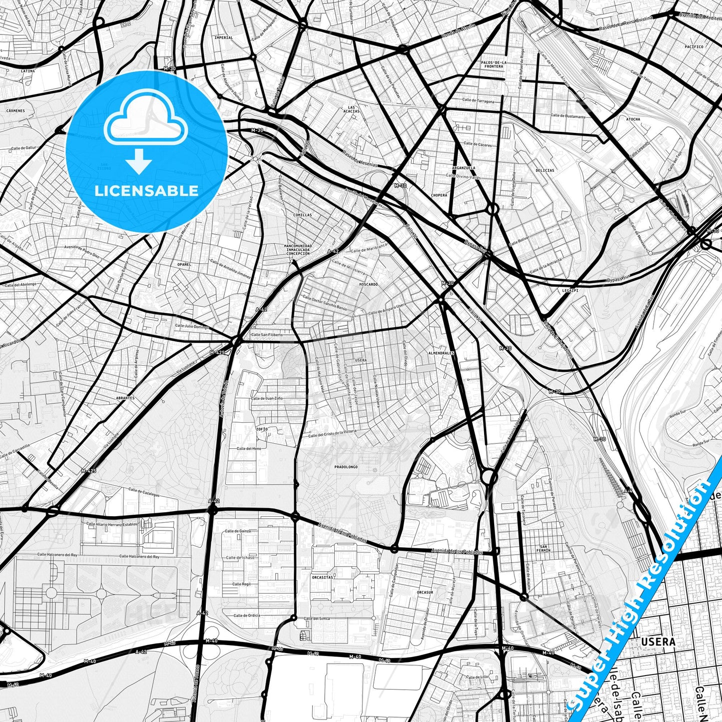 Usera, Spain Light Map with Street Names, City Names, and Districts