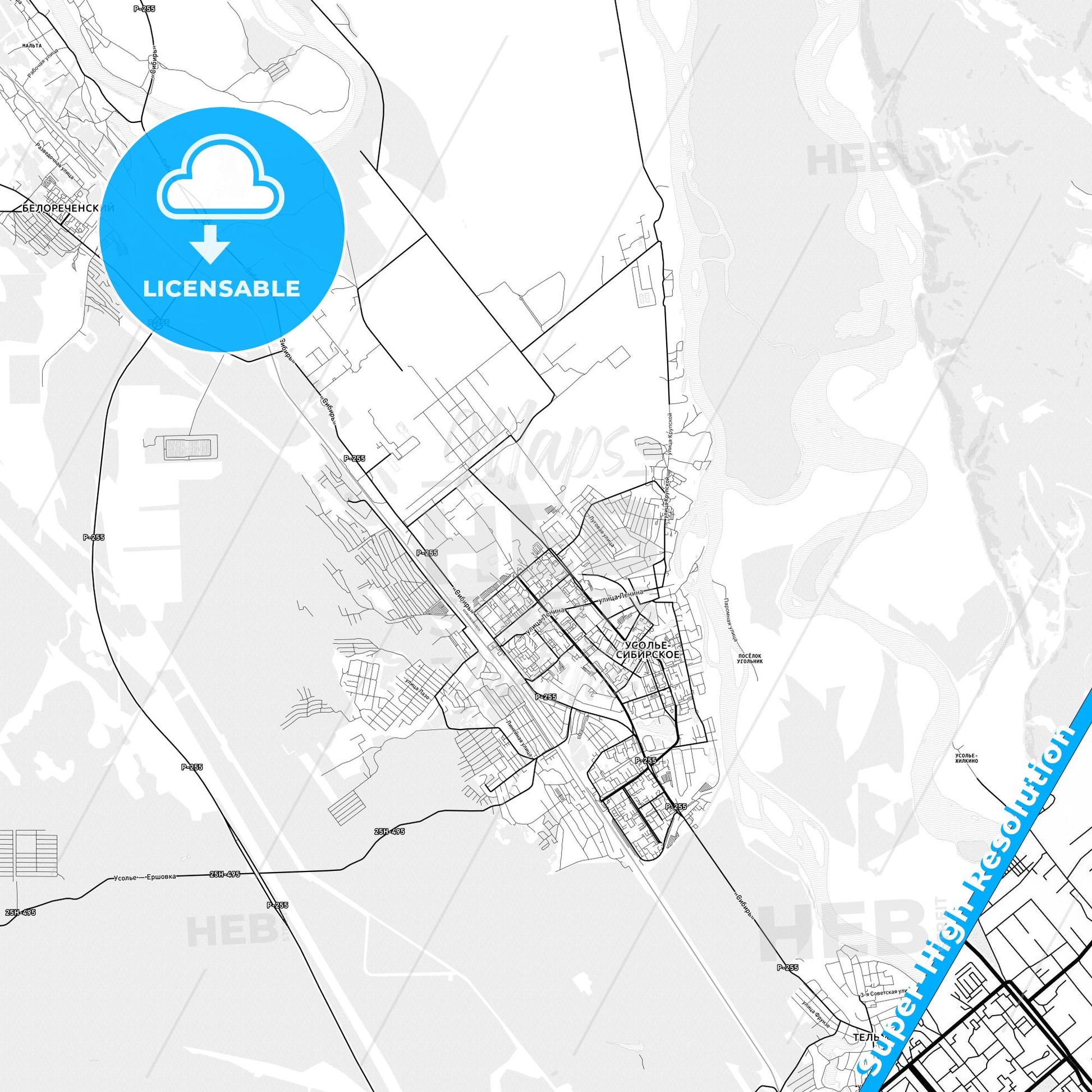Usolye-Sibirskoye, Russia light map with streetnames, citynames and districts