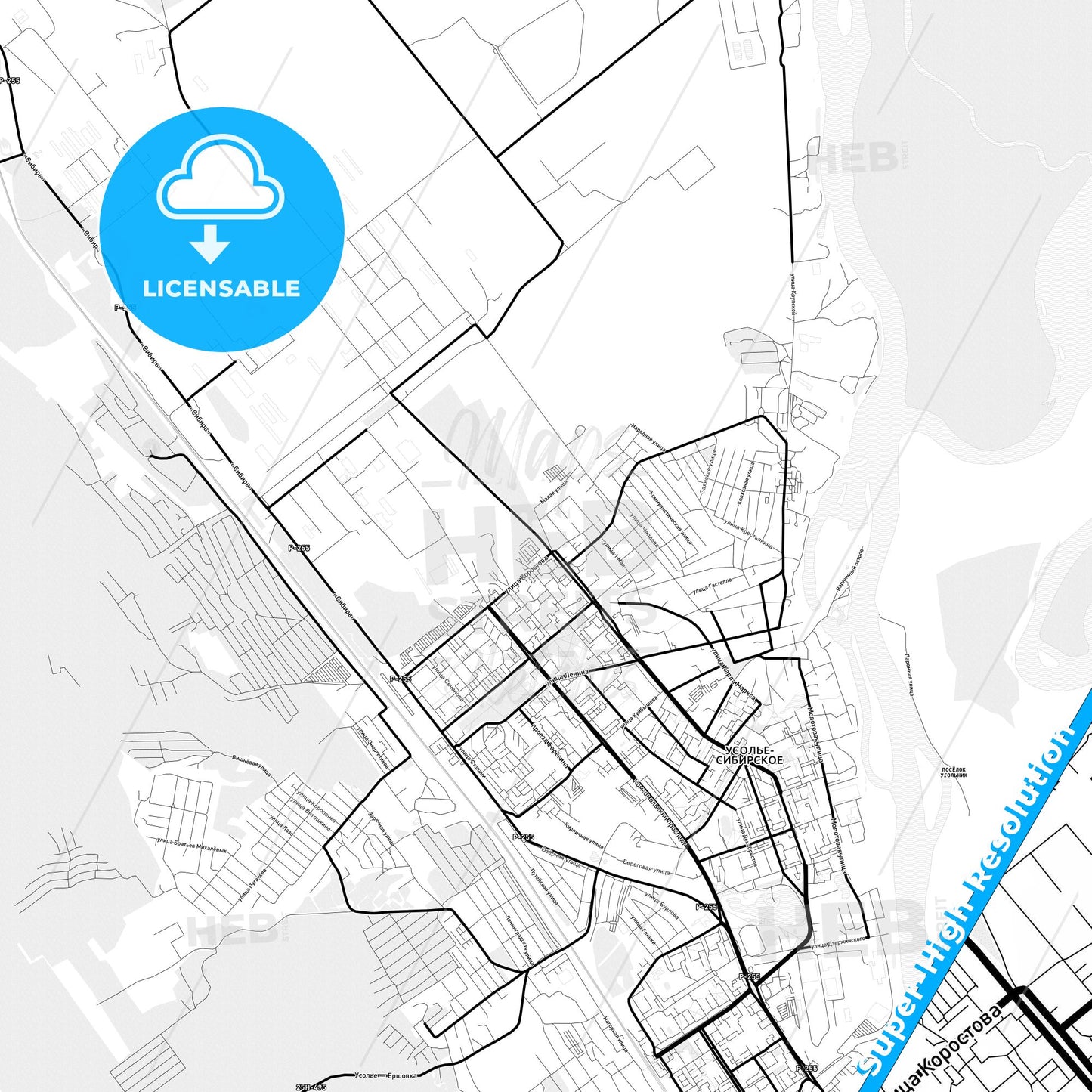 Usolye-Sibirskoye, Russia Light Map with Street Names, City Names, and Districts