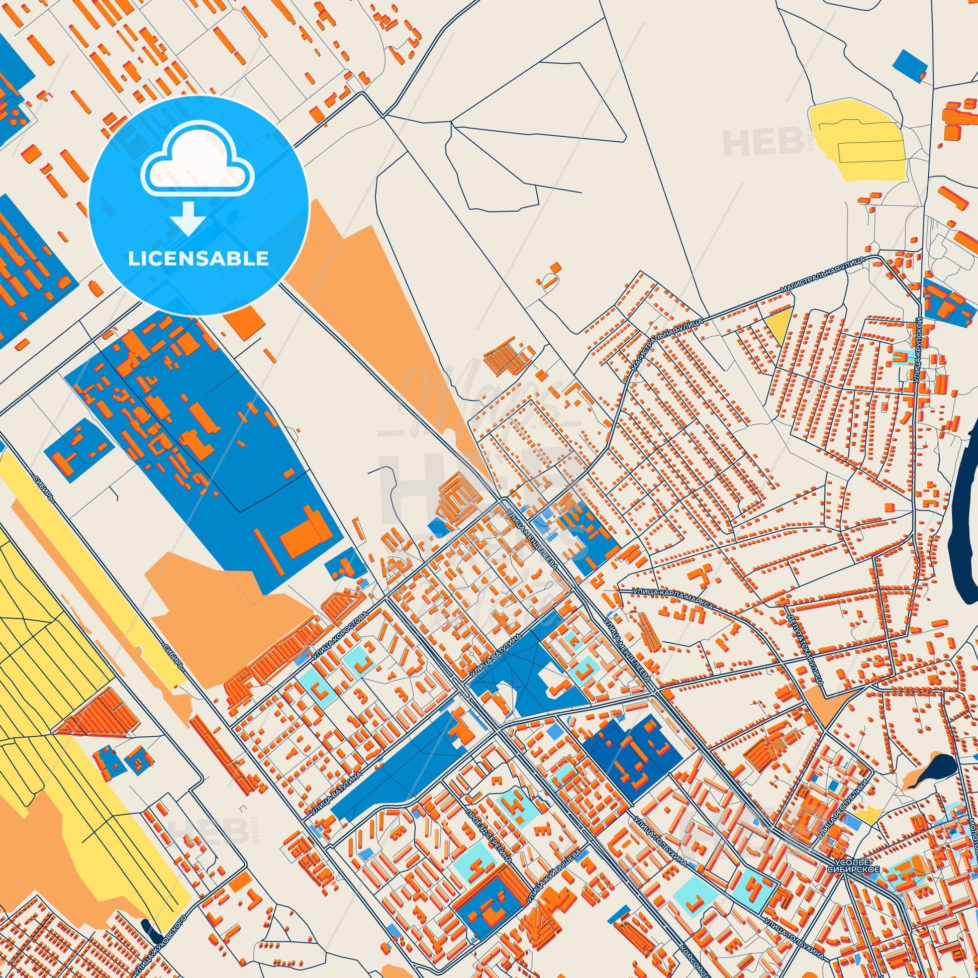 Colorful Usolye-Sibirskoye Street Map with Labels and Buildings