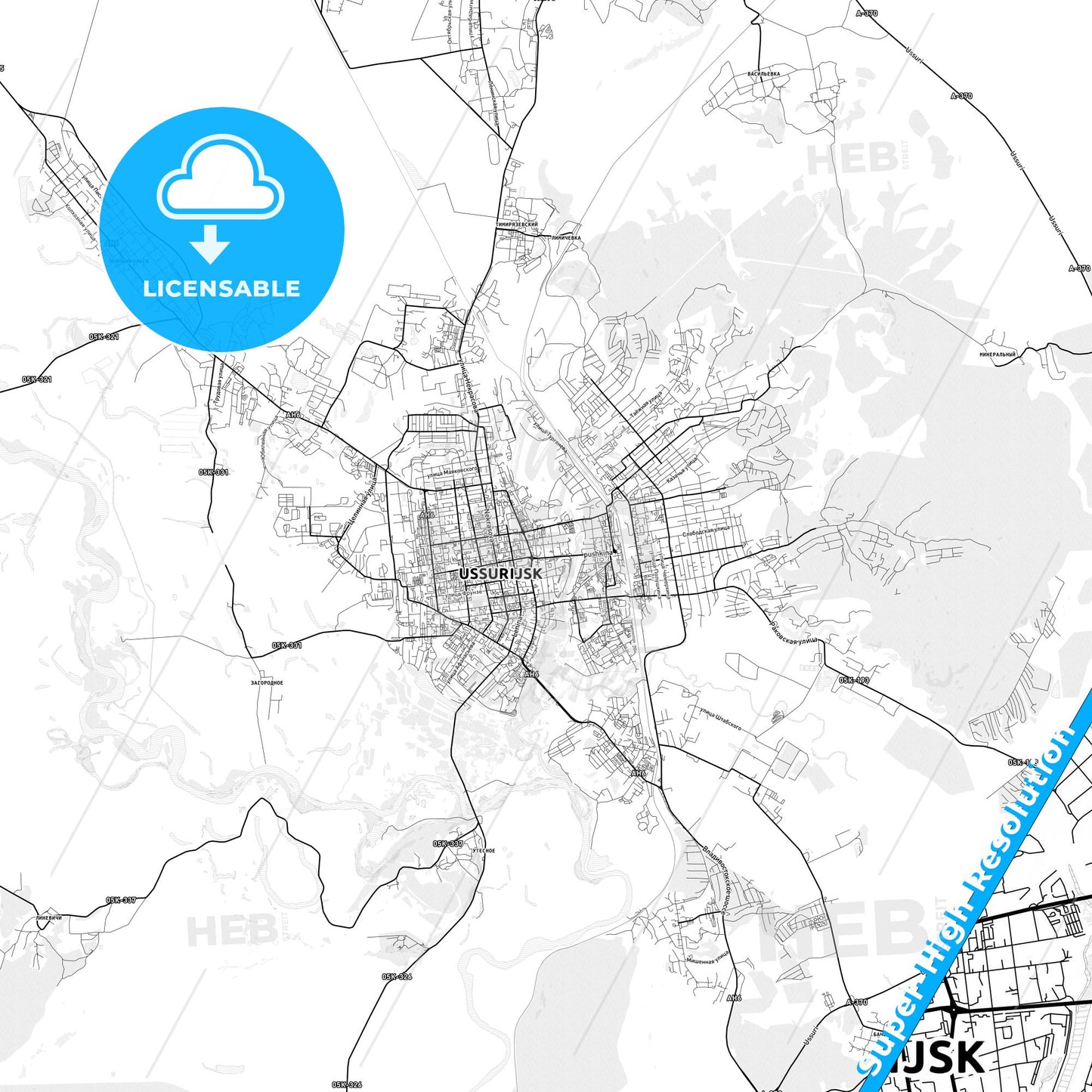 Ussuriysk, Russia light map with streetnames, citynames and districts