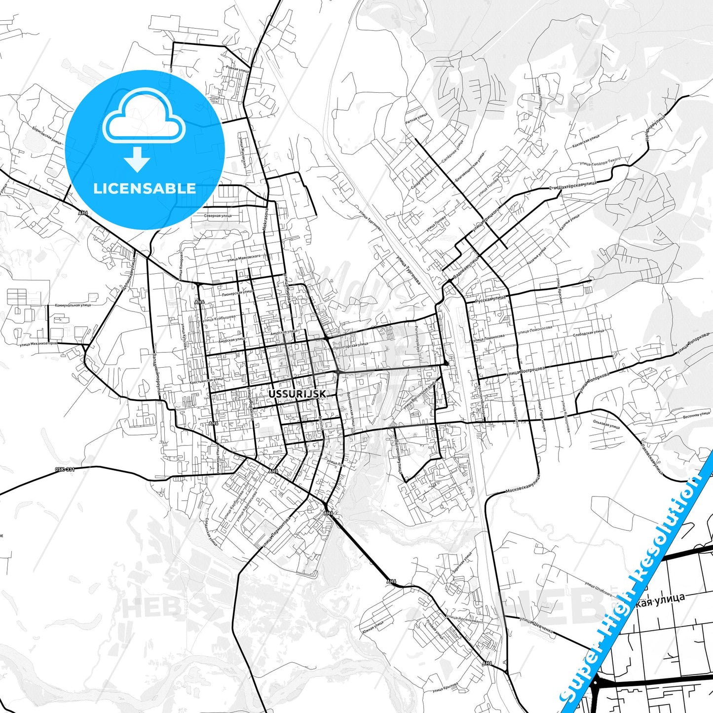 Ussuriysk, Russia Light Map with Street Names, City Names, and Districts