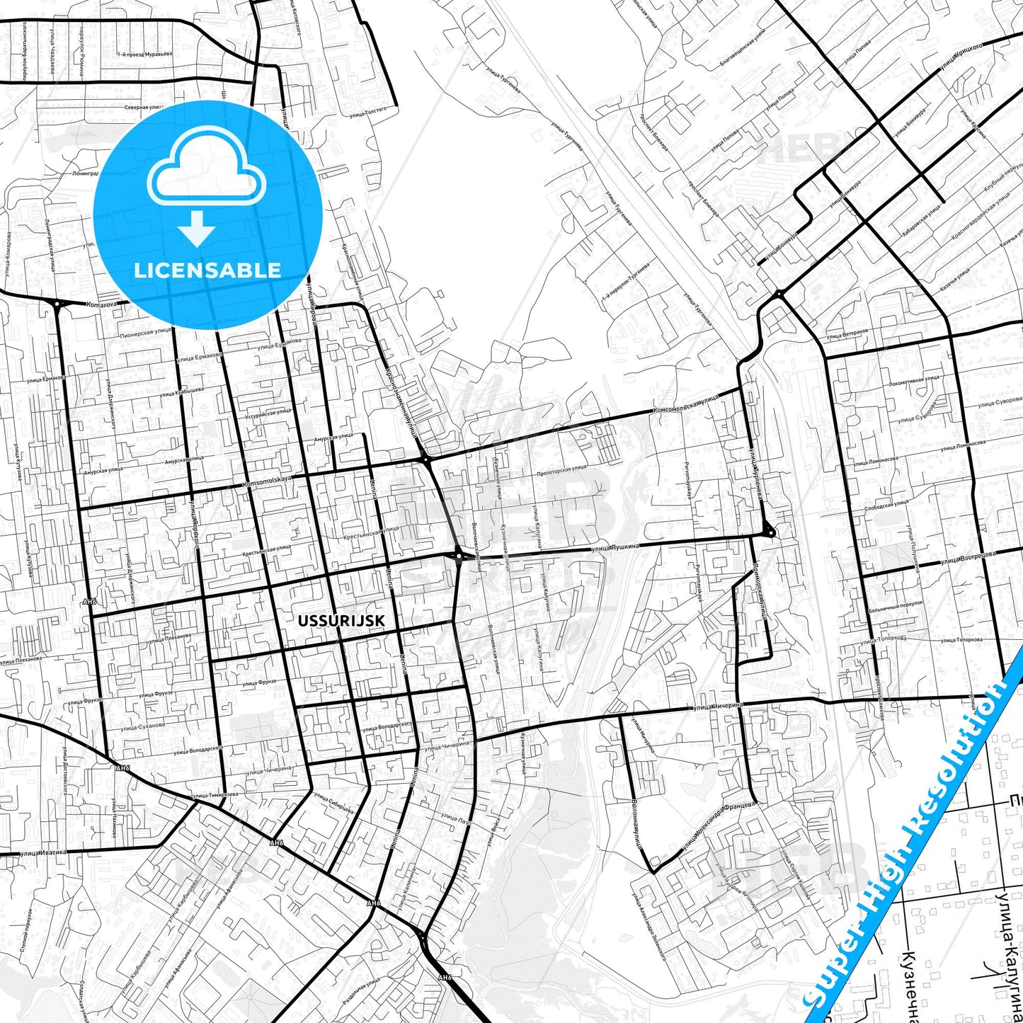 Ussuriysk, Russia Light Map with Street Names, City Names, and Districts
