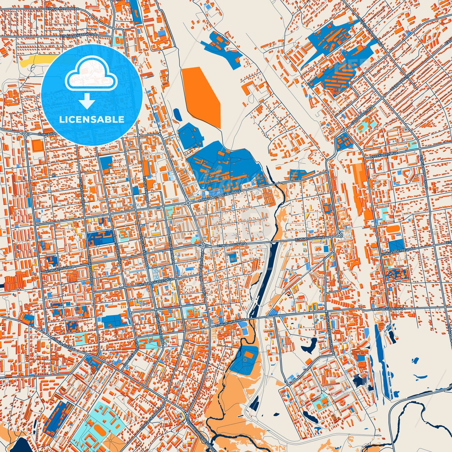 Colorful Ussuriysk Street Map with Labels and Buildings