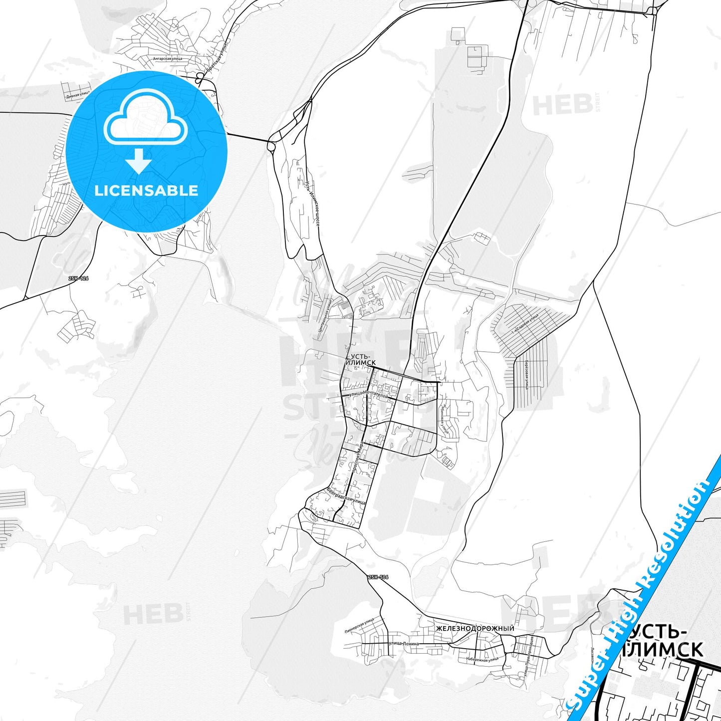 Ust-Ilimsk, Russia light map with streetnames, citynames and districts
